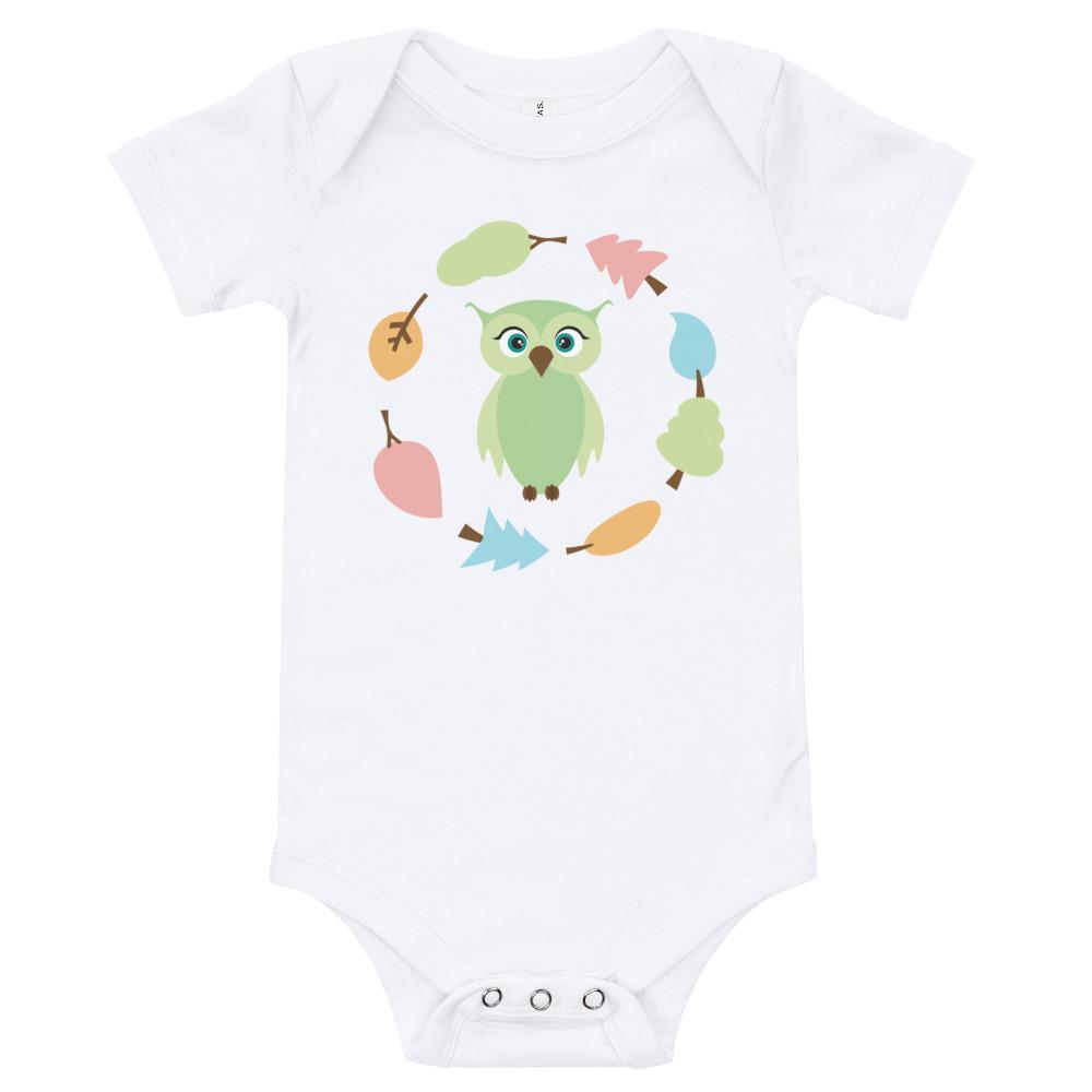 Owl Kritter Wreath Baby Bodysuit in soft cotton with an envelope neckline and snap closures, featuring a cute owl design.