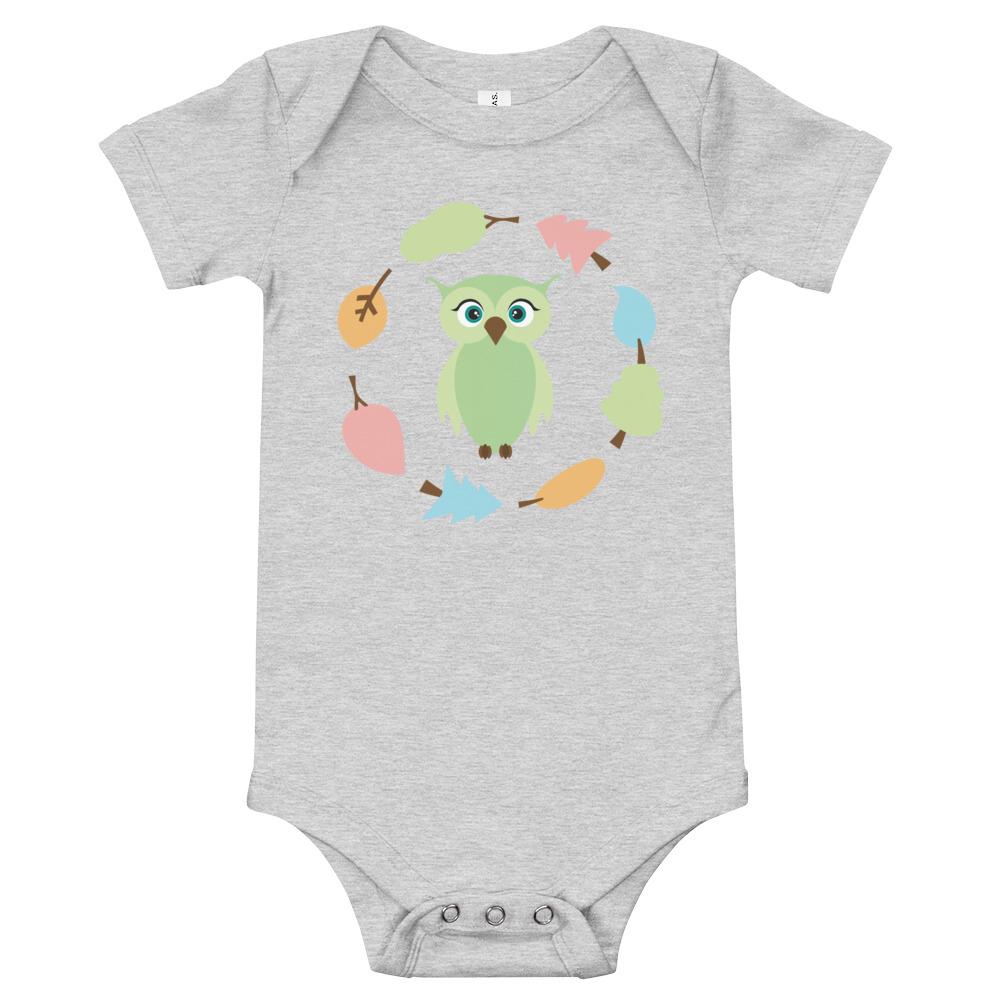 Owl Kritter Wreath Baby Bodysuit in soft cotton with an envelope neckline and snap closures, featuring a cute owl design.