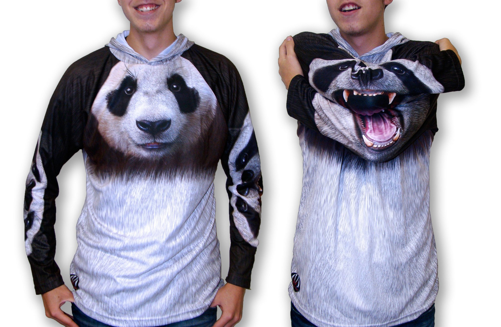 PANDA BEAR Hoodie Sport Shirt by MOUTHMAN® featuring vivid graphics of a panda bear with a fierce expression and realistic fur pattern.