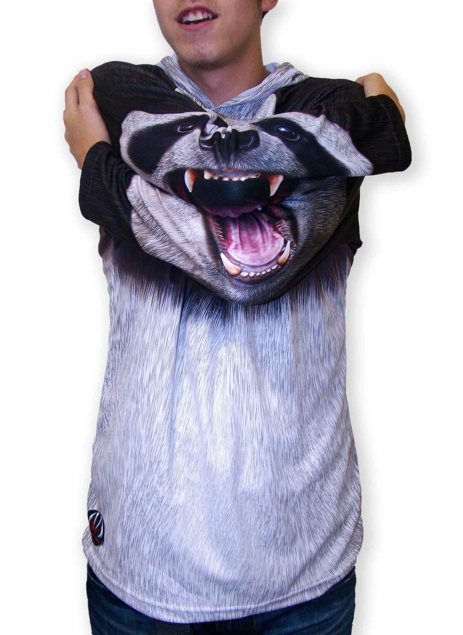 PANDA BEAR Hoodie Sport Shirt by MOUTHMAN® featuring vivid graphics of a panda bear with a fierce expression and realistic fur pattern.