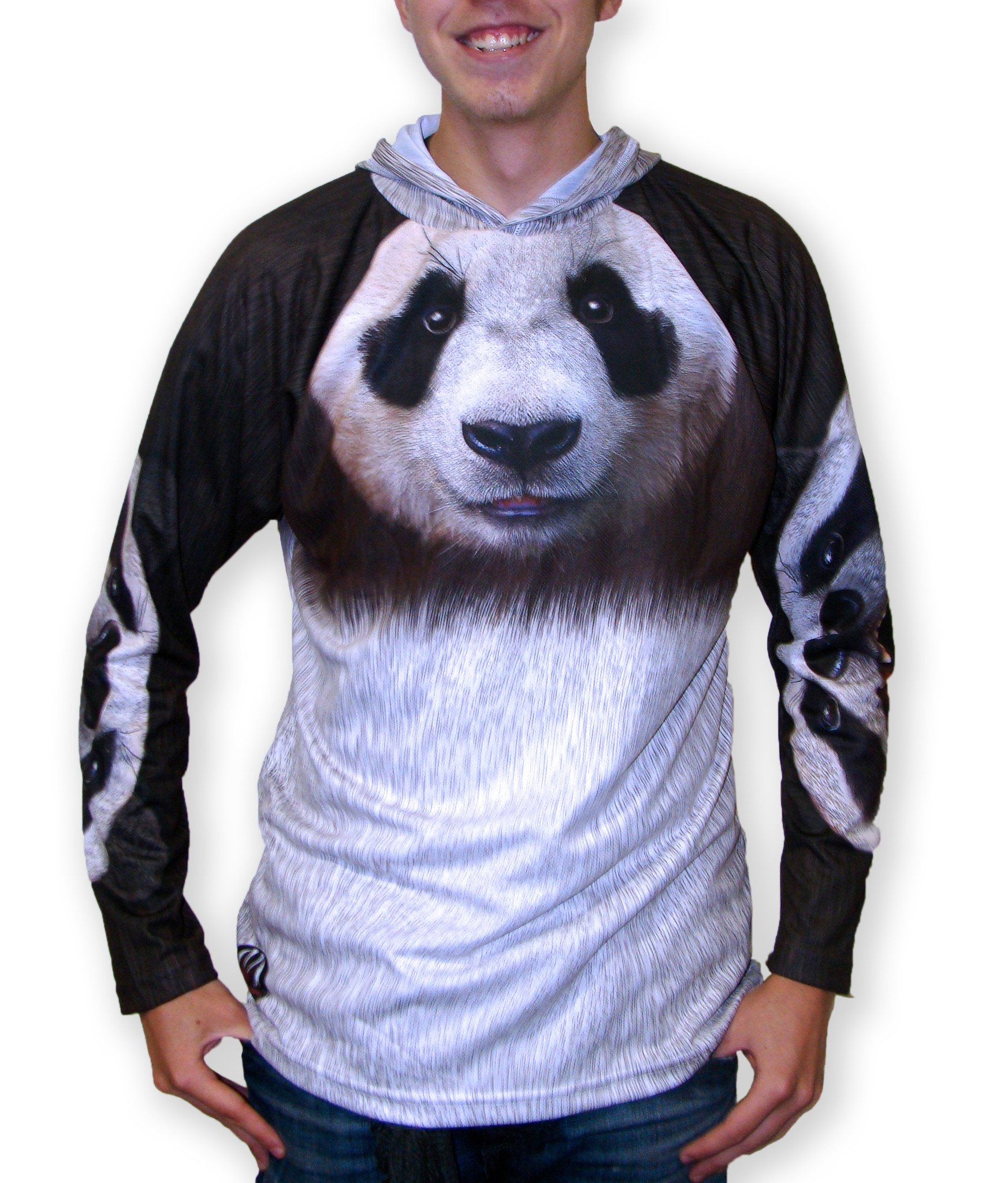 PANDA BEAR Hoodie Sport Shirt by MOUTHMAN® featuring vivid graphics of a panda bear with a fierce expression and realistic fur pattern.