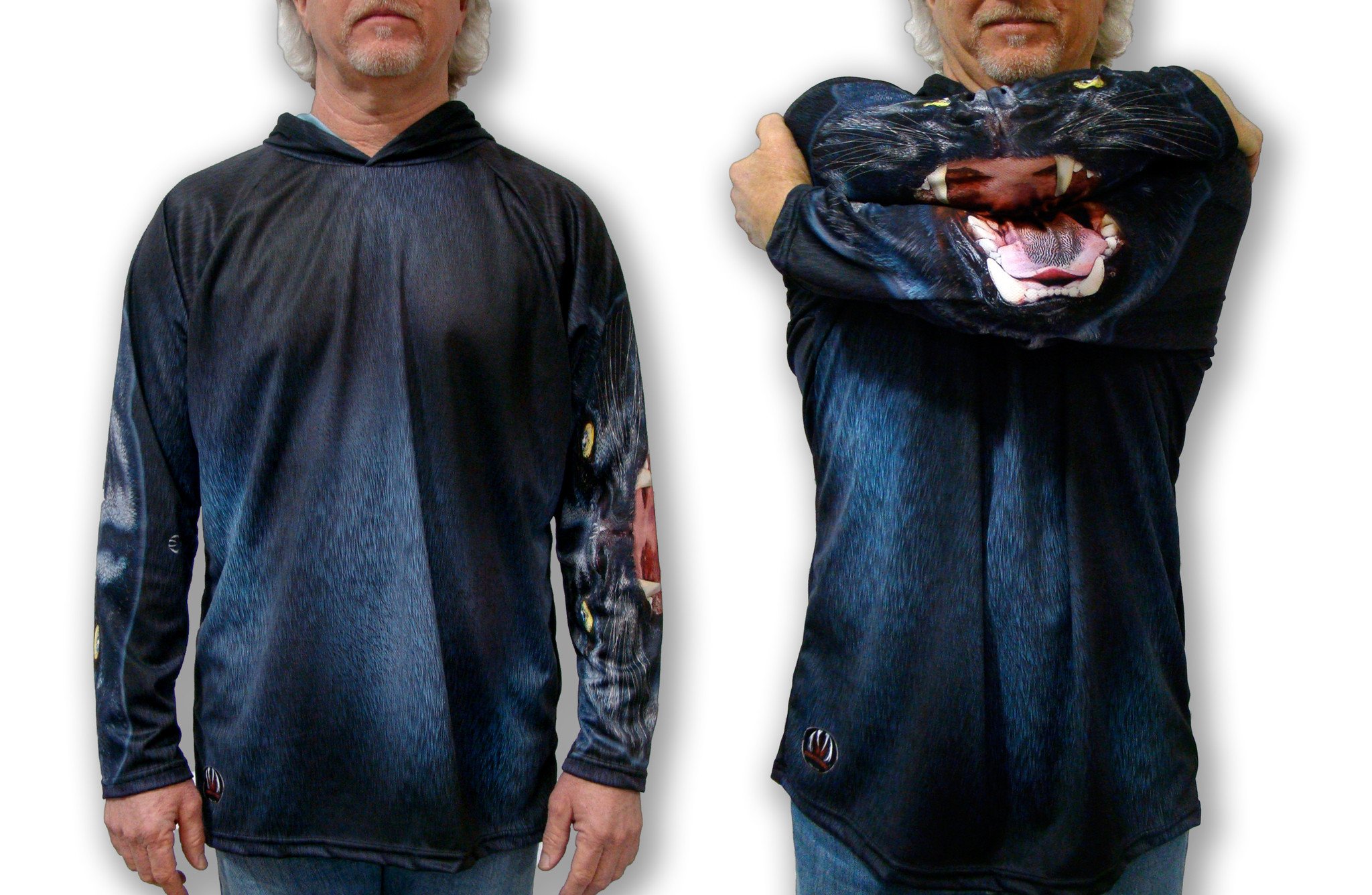 PANTHER Hoodie Sport Shirt by MOUTHMAN® featuring a vibrant panther mouth design, realistic fur pattern, and a tail on the back.