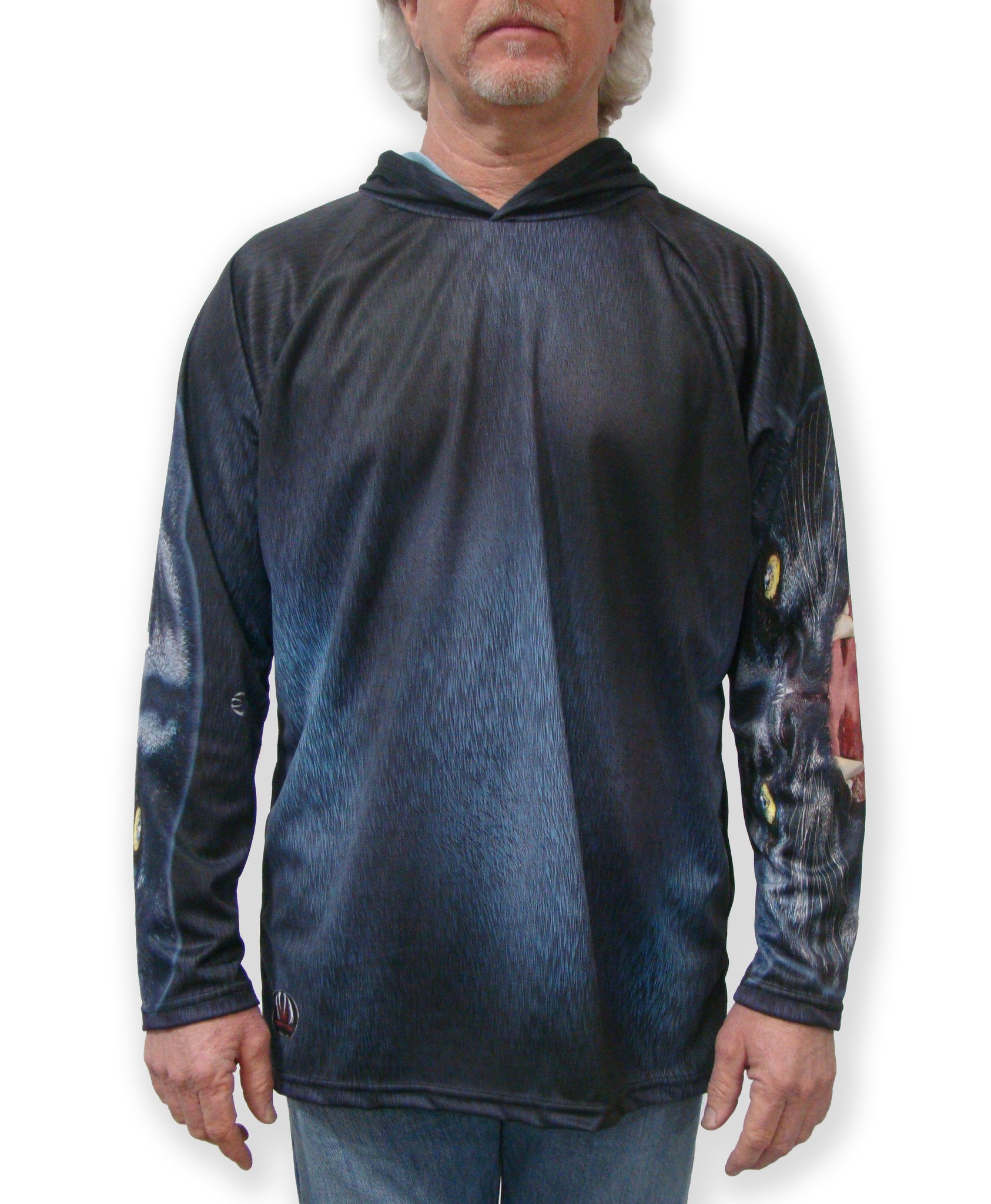 PANTHER Hoodie Sport Shirt by MOUTHMAN® featuring a vibrant panther mouth design, realistic fur pattern, and a tail on the back.