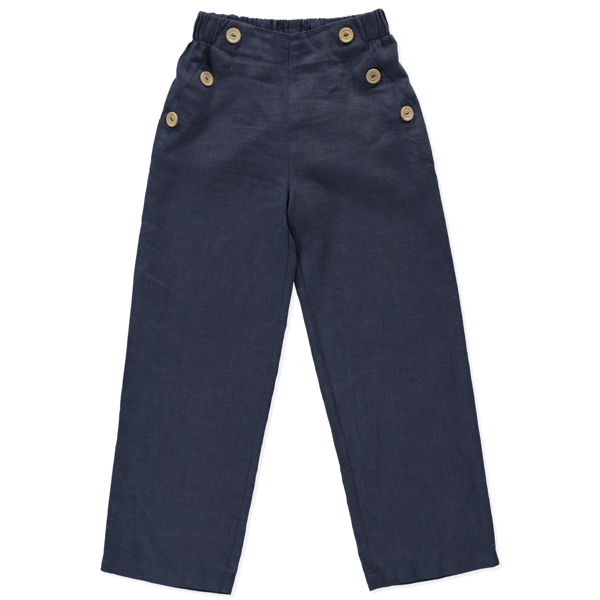 Blue pants with decorative buttons.