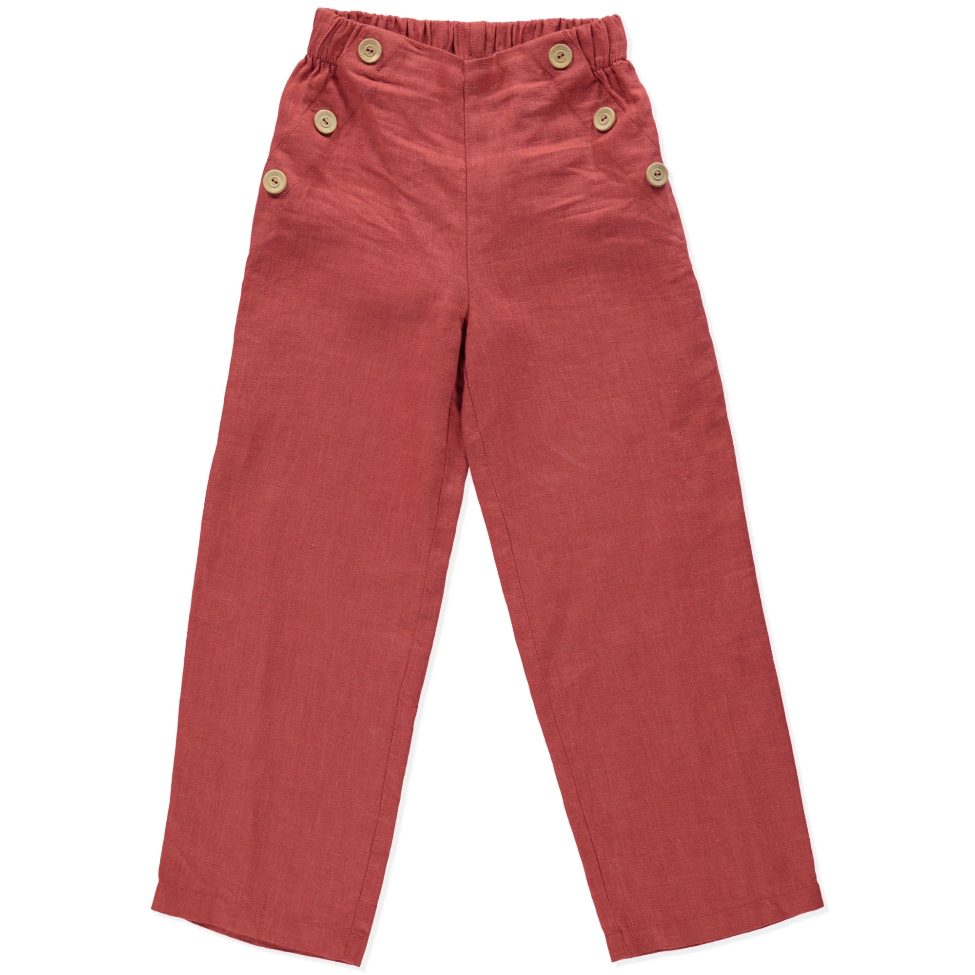 Aster Terracotta Pants featuring a straight leg design, wood buttons on the sides, and an elasticised waist, made from lightweight linen fabric.