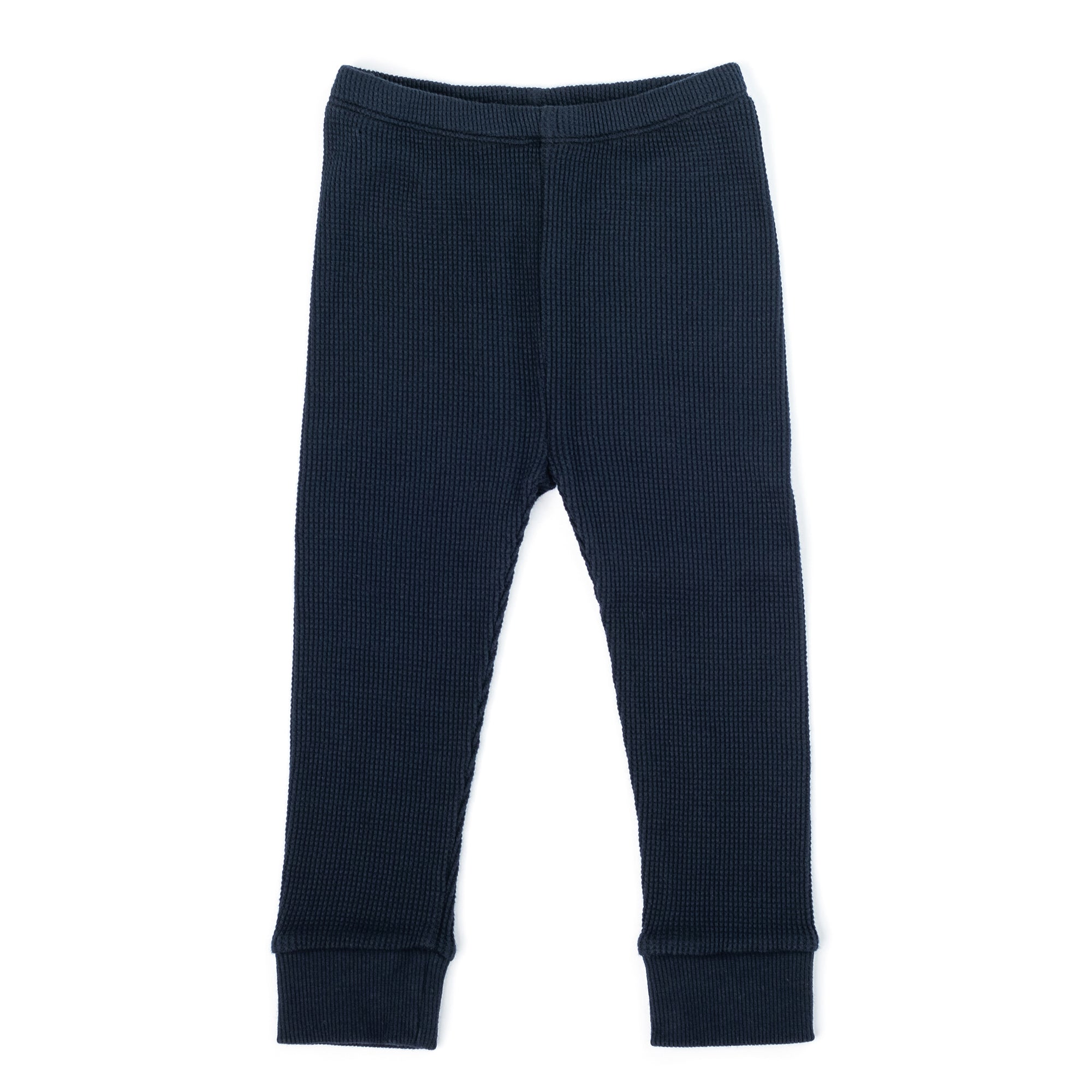 Bella Blue Pants for girls made from organic cotton, featuring an elasticised waist and ribbed cuffs in coffee and navy blue colors.