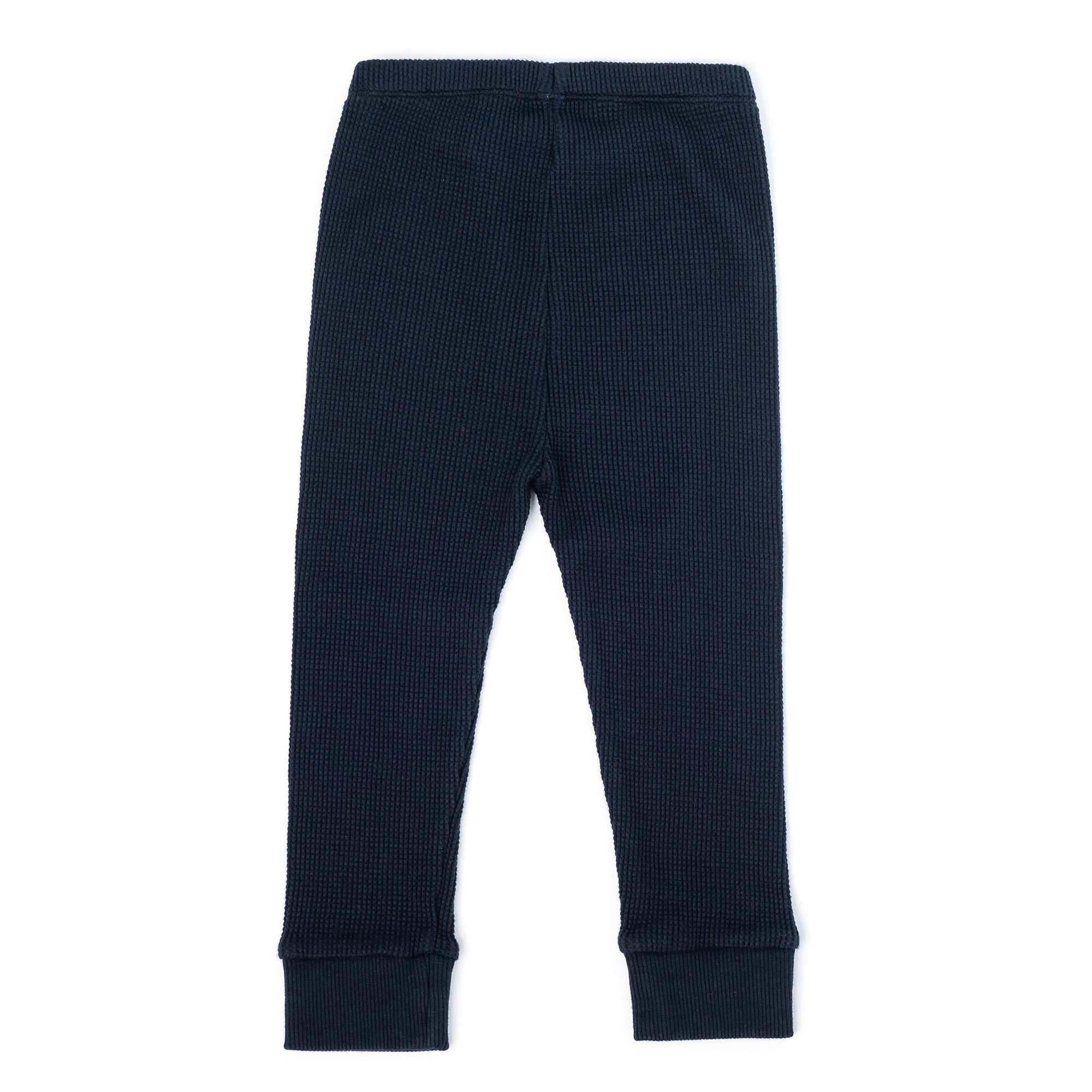 Bella Blue Pants for girls made from organic cotton, featuring an elasticised waist and ribbed cuffs in coffee and navy blue colors.