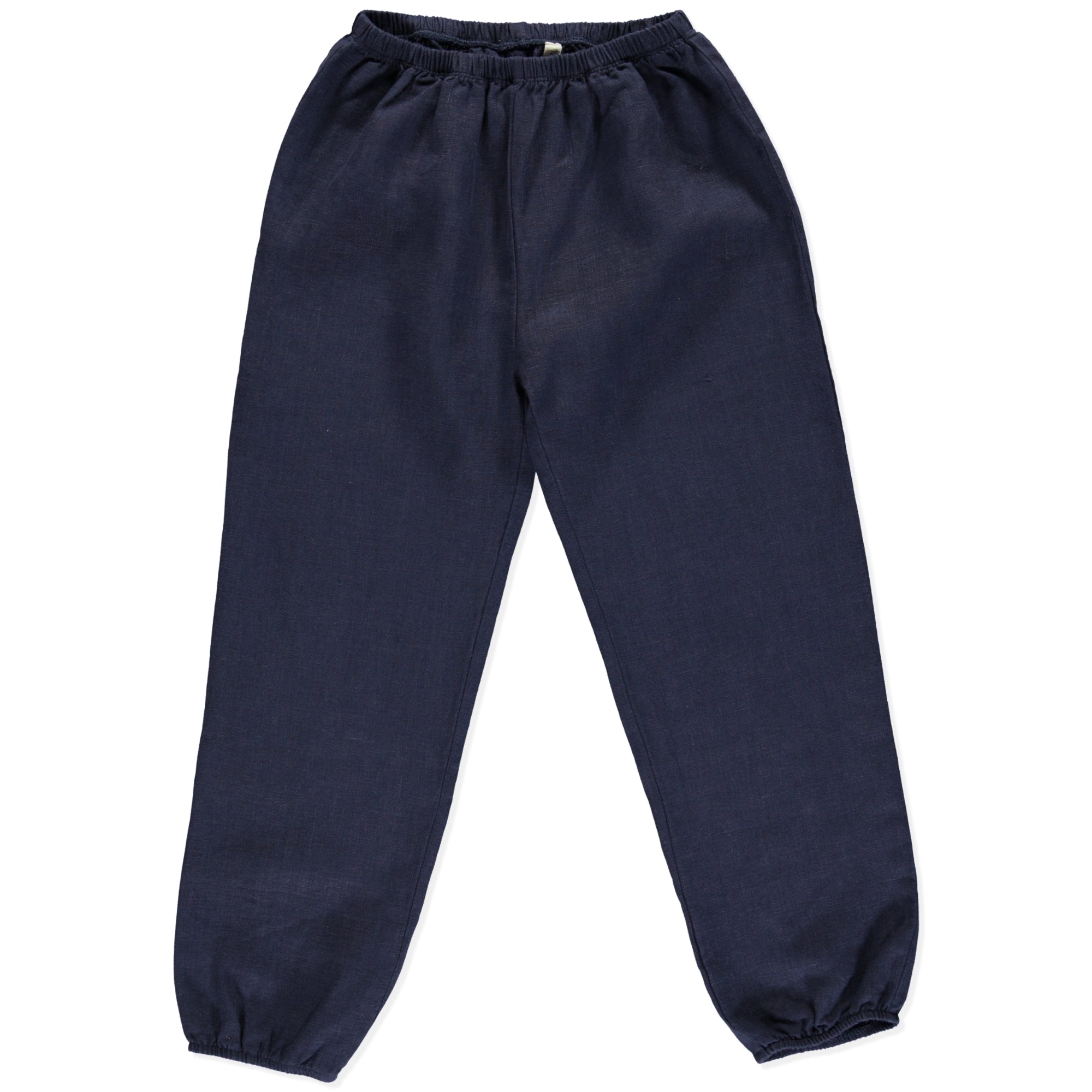 Casual blue linen pants with elasticated waist and cuffs, perfect for summer wear.