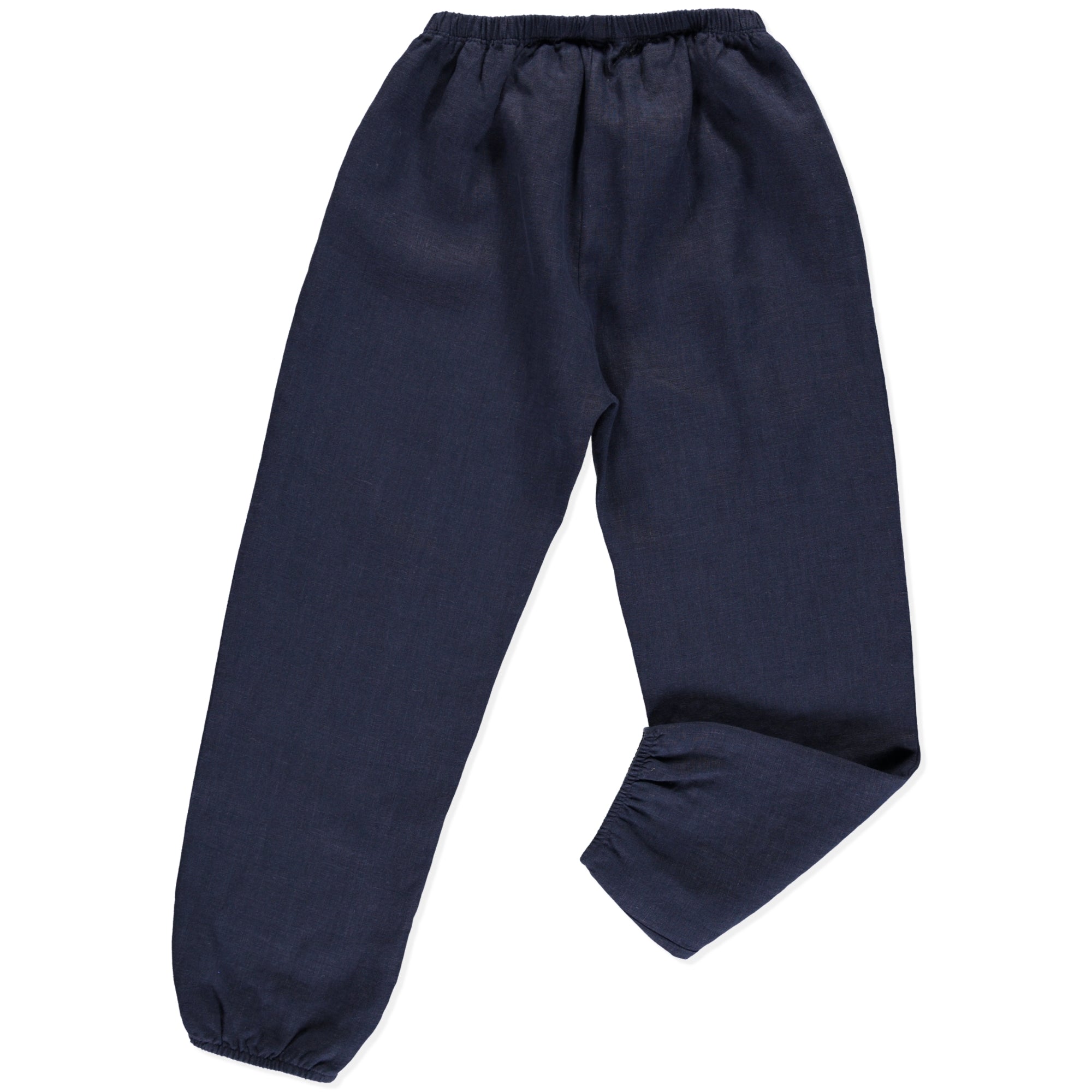 Casual blue linen pants with elasticated waist and cuffs, perfect for summer wear.