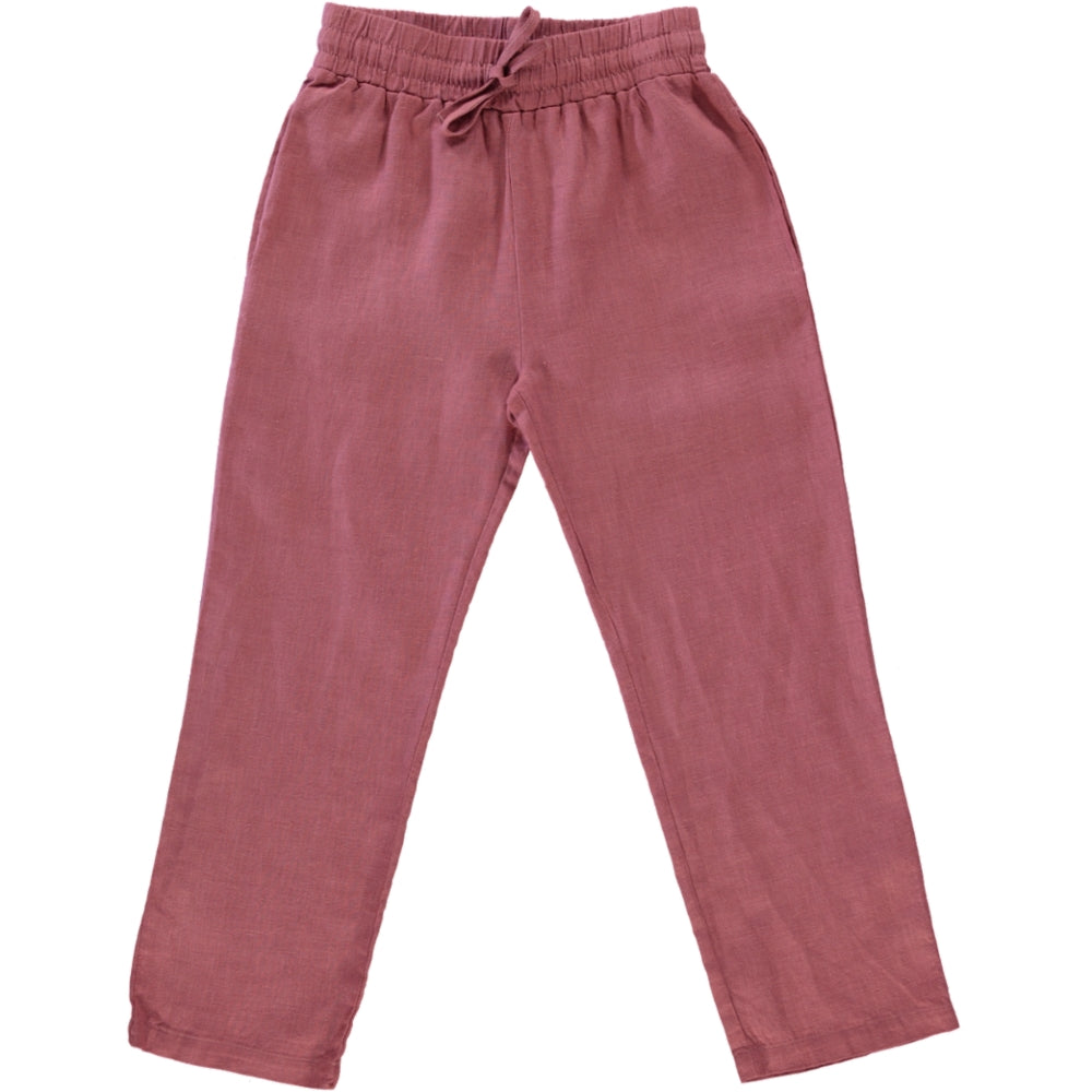 Pants Dawn Rose made of soft linen, featuring an elasticised waist and drawstrings, available in Rose, Blue Celeste, and Sienna Cream colors.