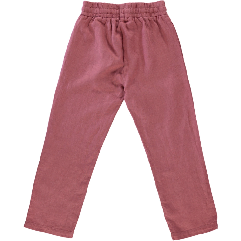 Pants Dawn Rose made of soft linen, featuring an elasticised waist and drawstrings, available in Rose, Blue Celeste, and Sienna Cream colors.