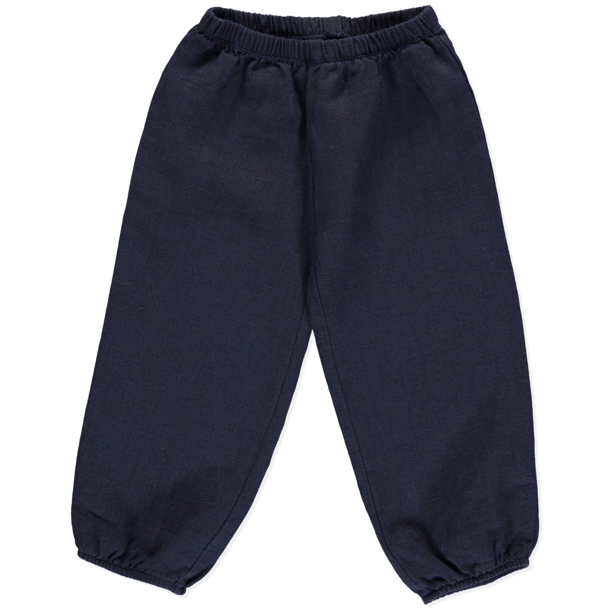 Casual wide leg pants in blue made of 100% linen, featuring an elasticised waist and cuffs for a comfortable fit.