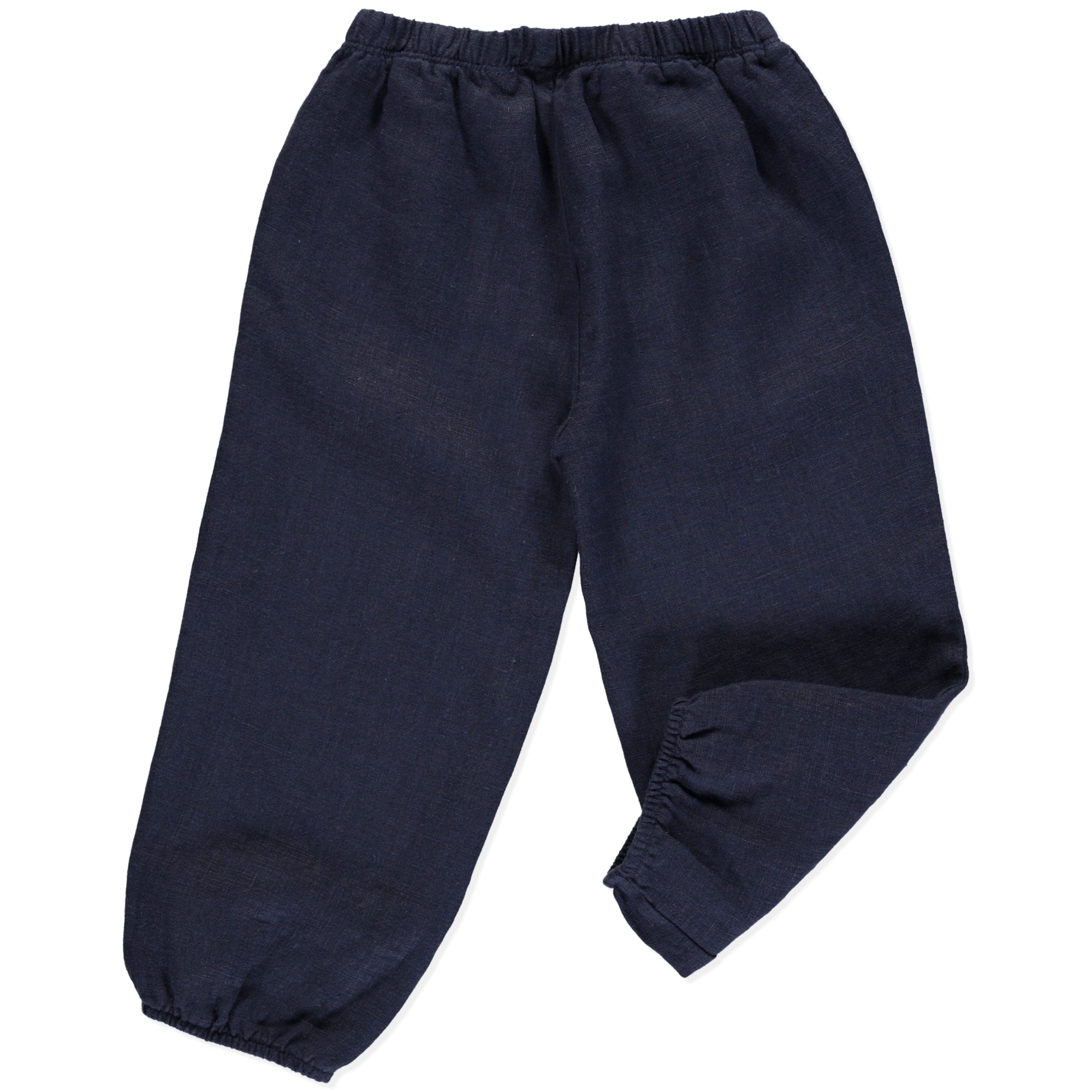 Casual wide leg pants in blue made of 100% linen, featuring an elasticised waist and cuffs for a comfortable fit.