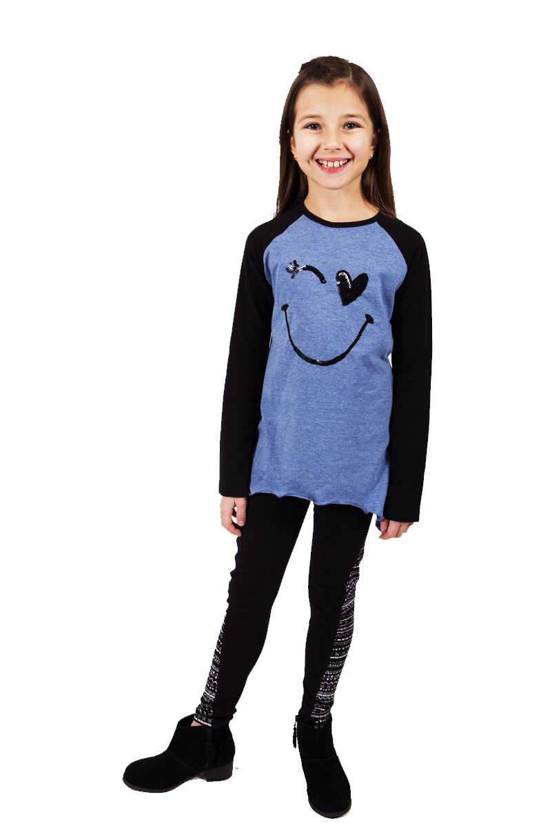 Pauline Sequin Emoji Top with Printed Leggings Set for girls, featuring a long sleeve top with sequins and soft knit leggings.