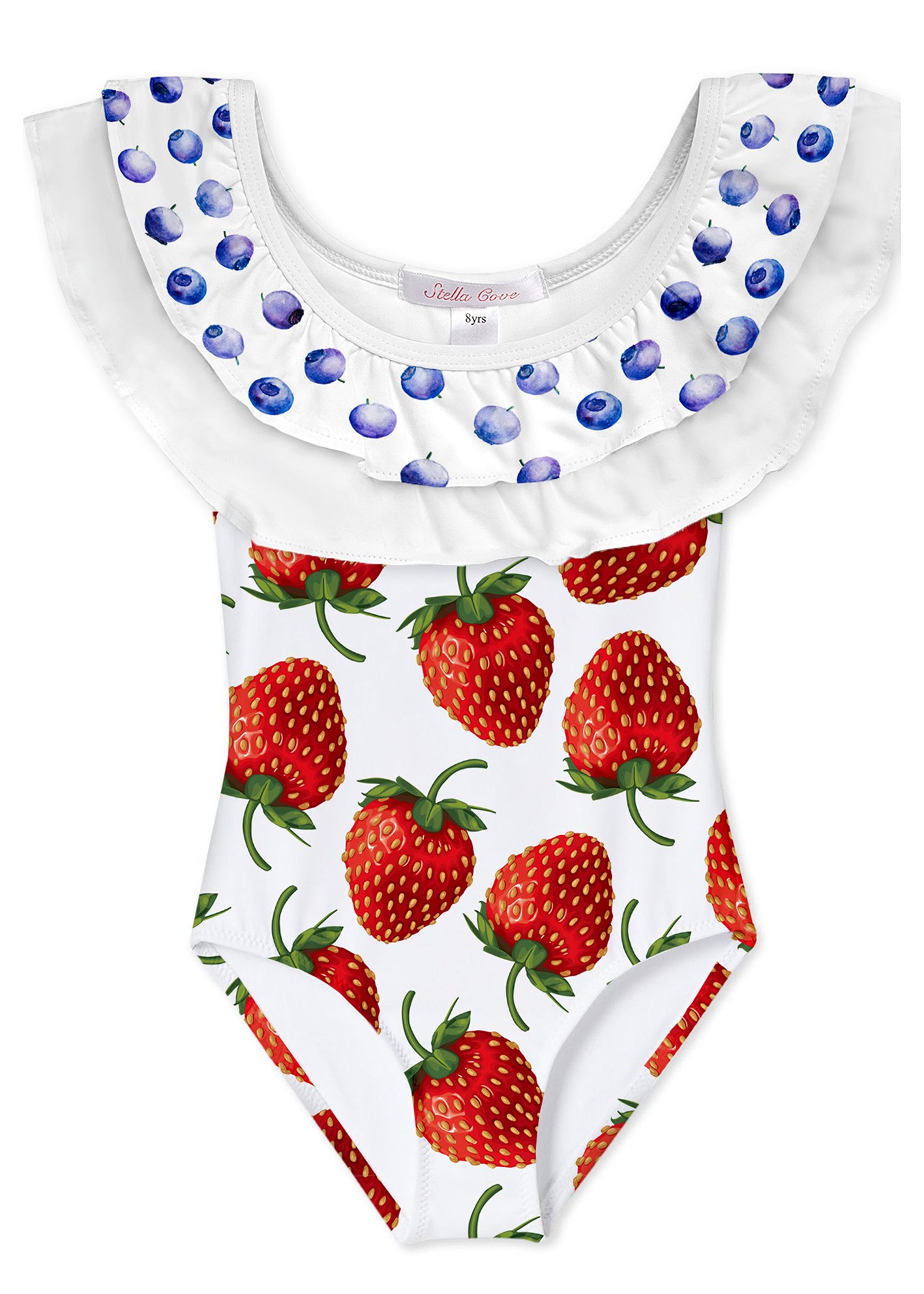 Pavlova Swimsuit for Girls featuring a colorful design of strawberries, blueberries, and cream, perfect for summer swimming.