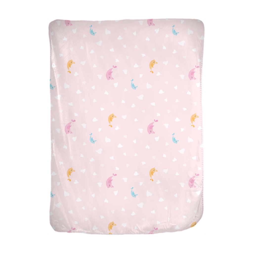 A cozy Pink Birdie Fly Minky Blanket featuring soft velveteen and anti-pill fleece, adorned with charming pink bird designs.