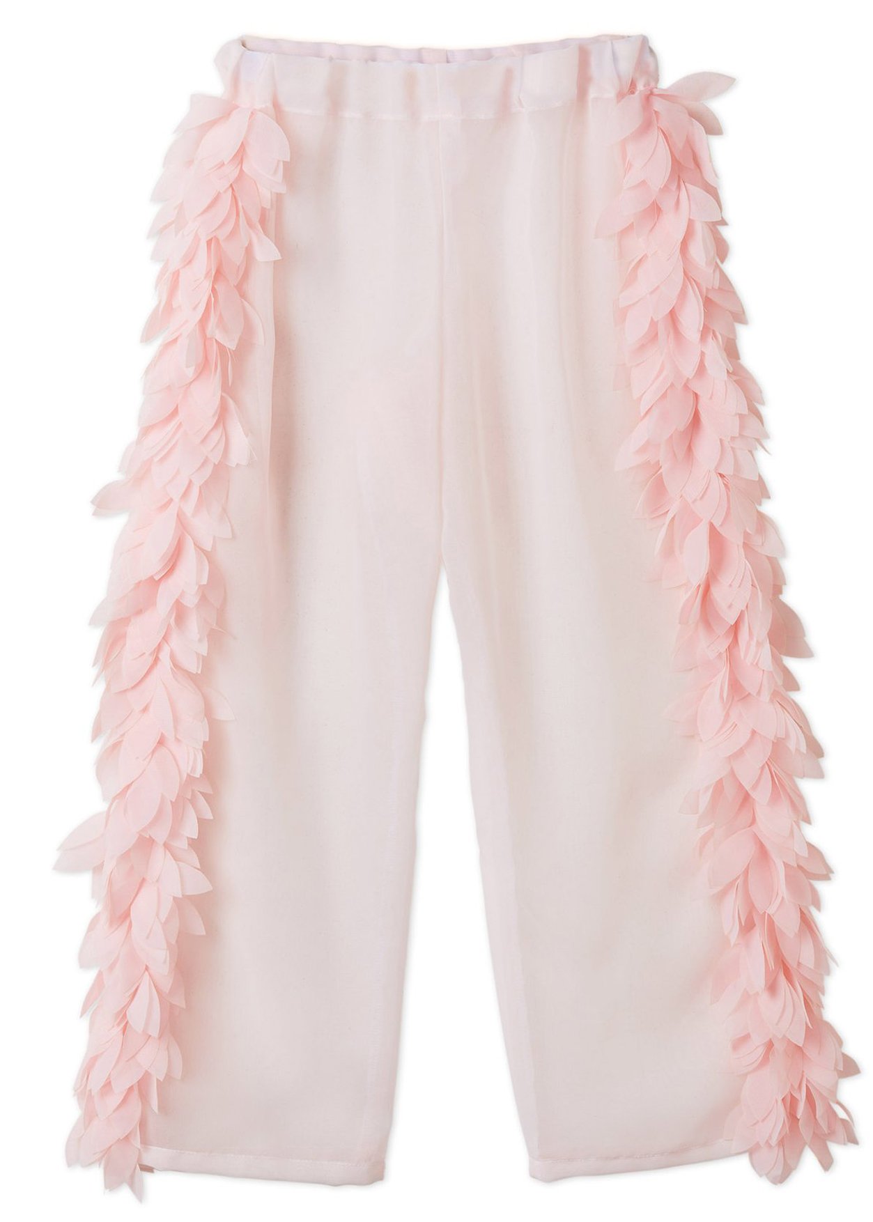 Stylish pink cover-up beach pants with floral petals, perfect for summer outings.