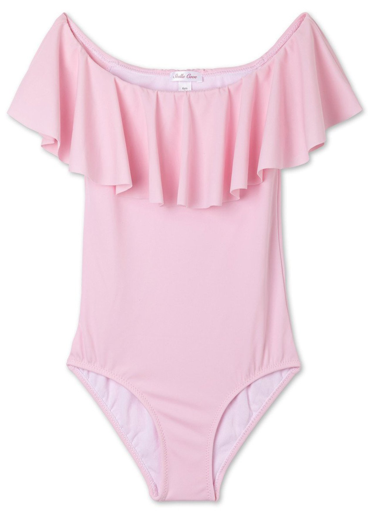 A stylish pink draped bathing suit with ruffles, designed for girls, showcasing its versatile off-shoulder style.