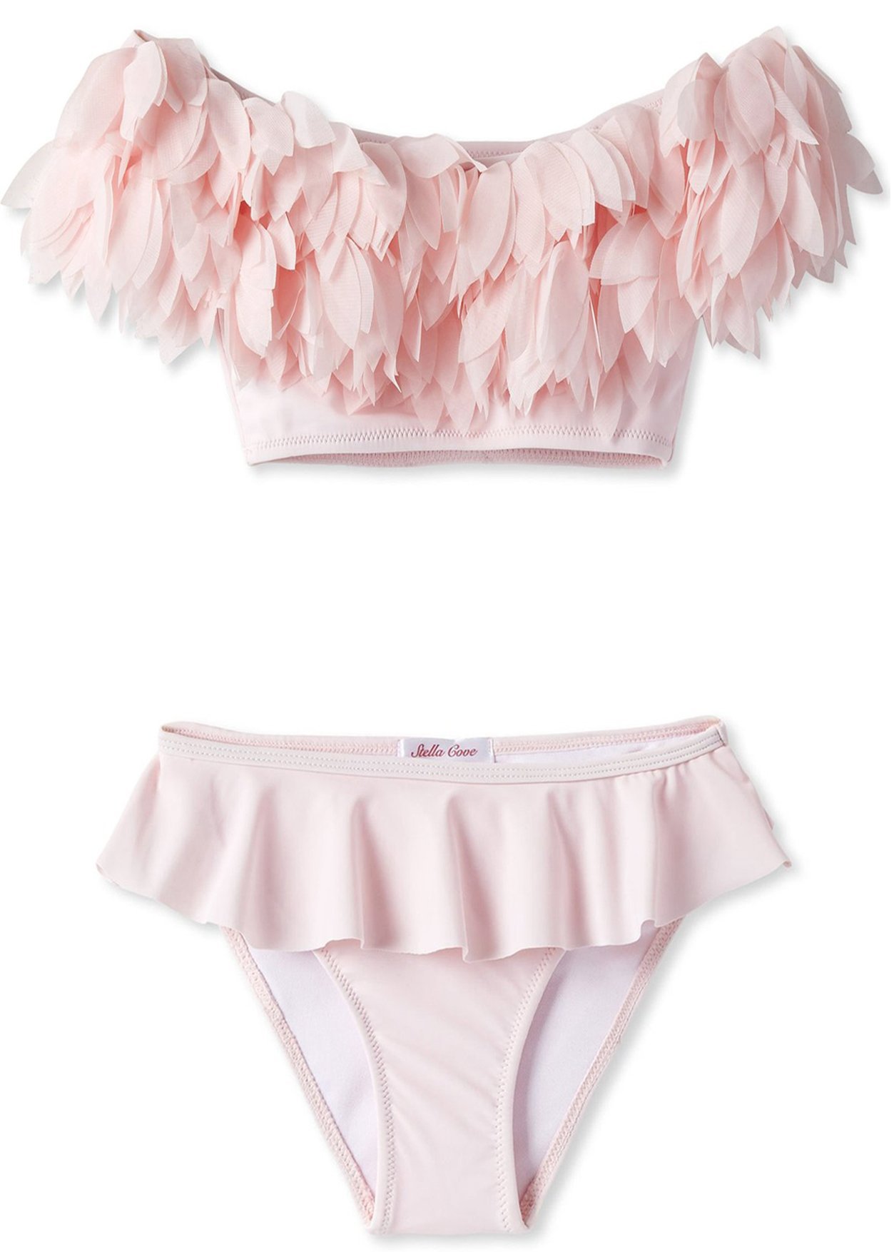 A stylish pink draped bikini adorned with chiffon petals, perfect for girls' beachwear.