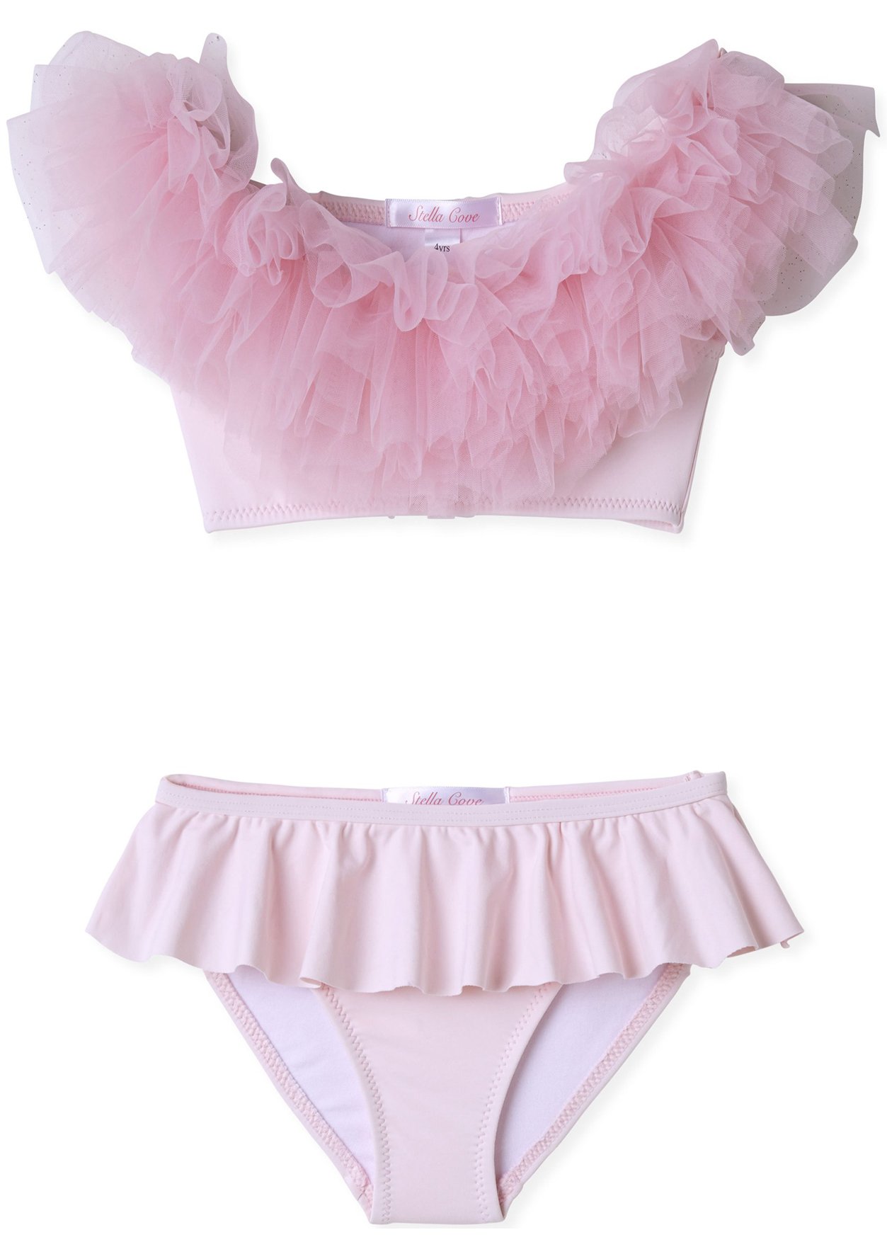 A stylish pink draped bikini with tulle, featuring matching beach cover-up pants and ponchos, perfect for girls' beachwear.