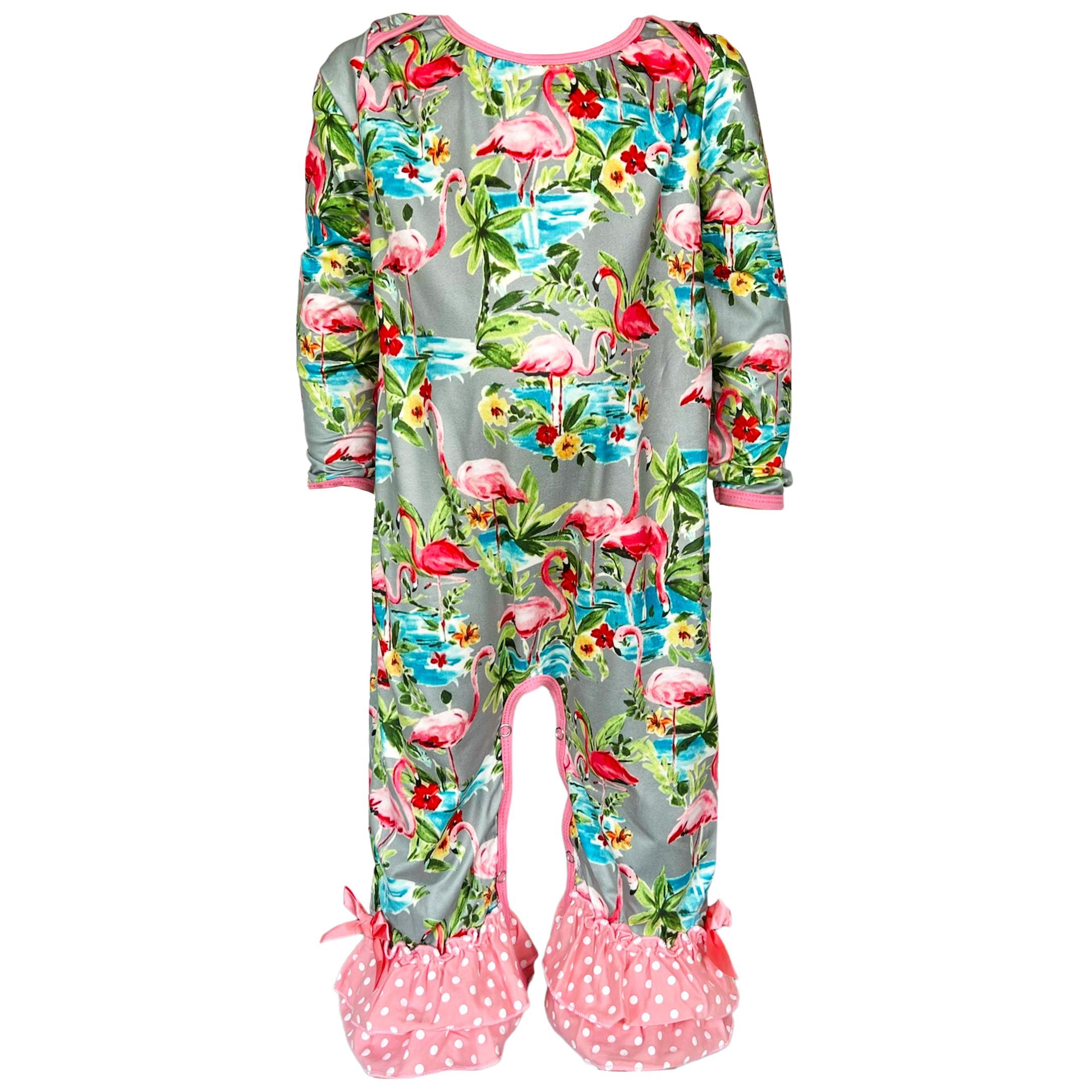 Pink Flamingo Floral Baby Girls Long Sleeve Soft Romper with ruffles and bows at ankles, made from soft polyester blend.