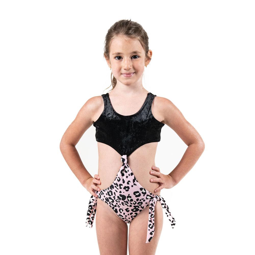 Kids swimwear featuring a pink leopard print trikini, designed for comfort and UV protection.