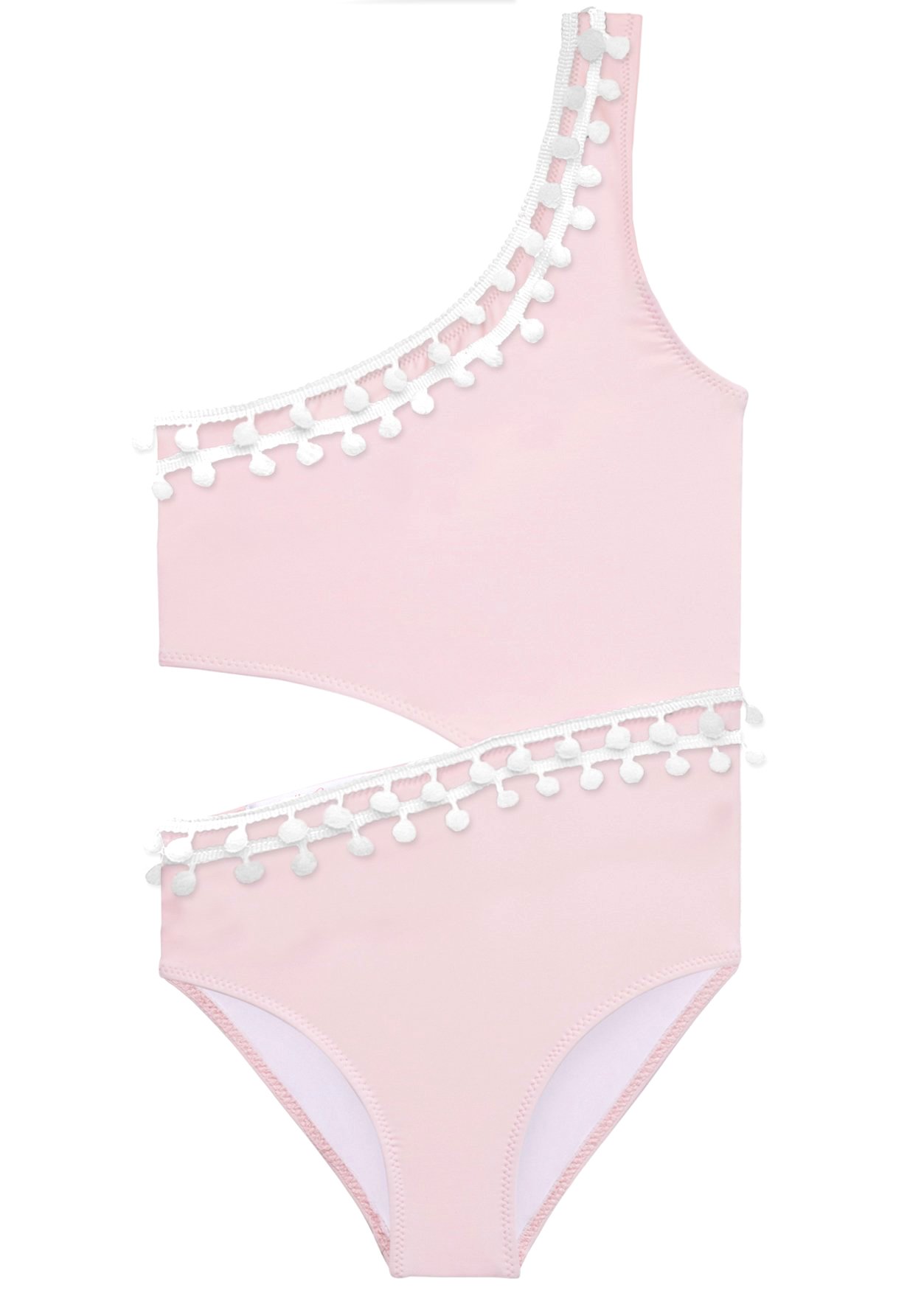 A vibrant pink side-cut swimsuit adorned with playful white pom poms, perfect for summer beach outings.