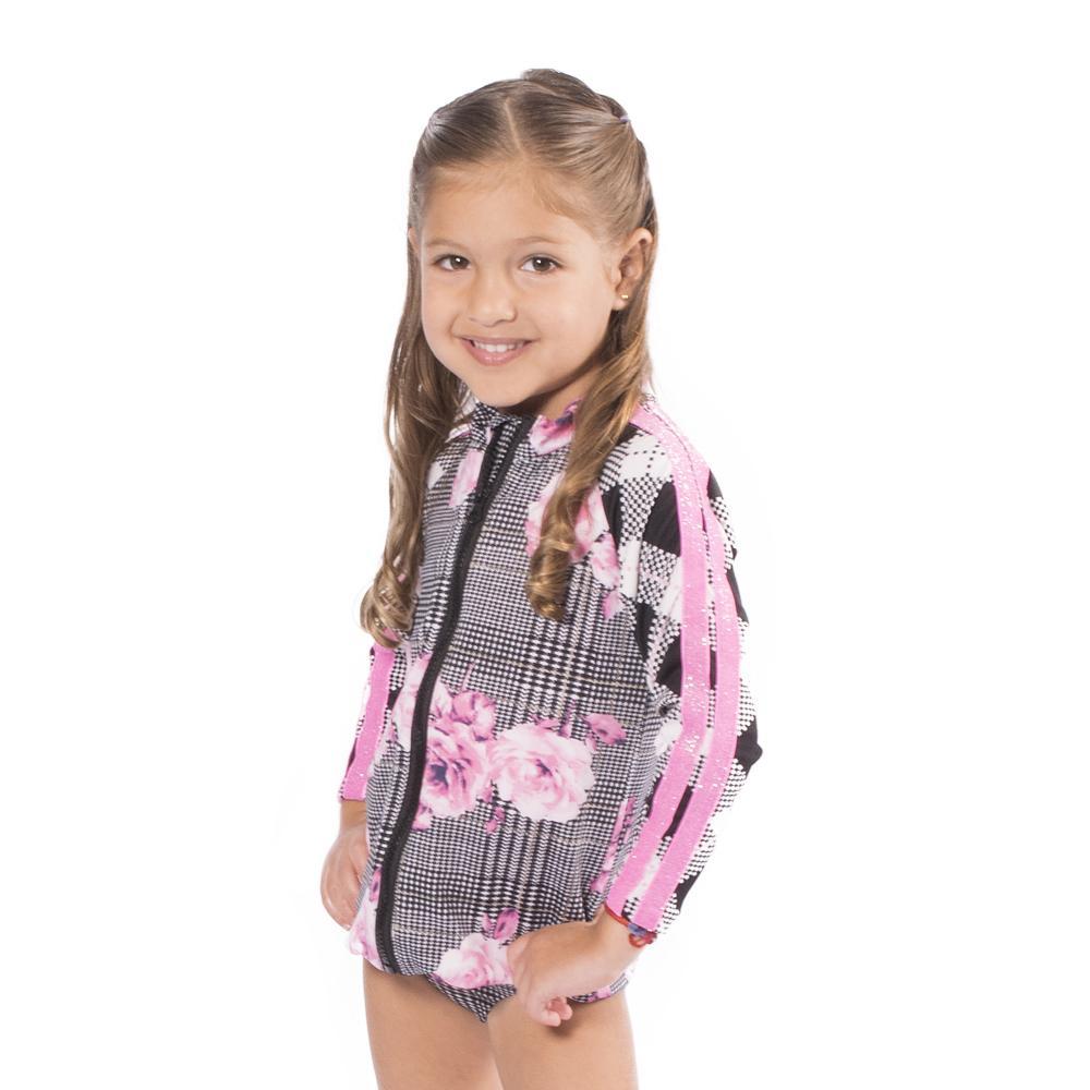 Pinky Rain Rash Guard Shirt featuring geometric and floral patterns, designed for girls with UV protection.