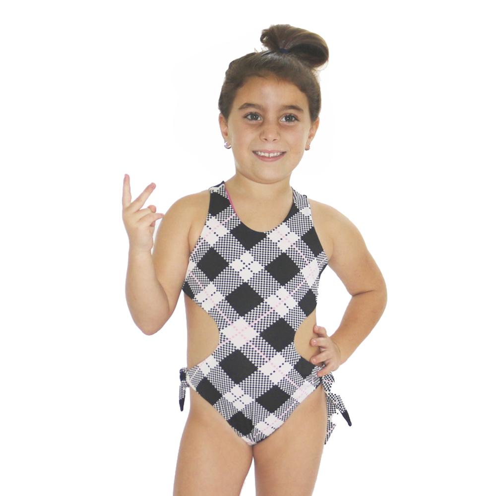 Pinky Rain Trikini for kids featuring geometric and floral patterns, adjustable ribbons, and vibrant colors, perfect for summer fun.