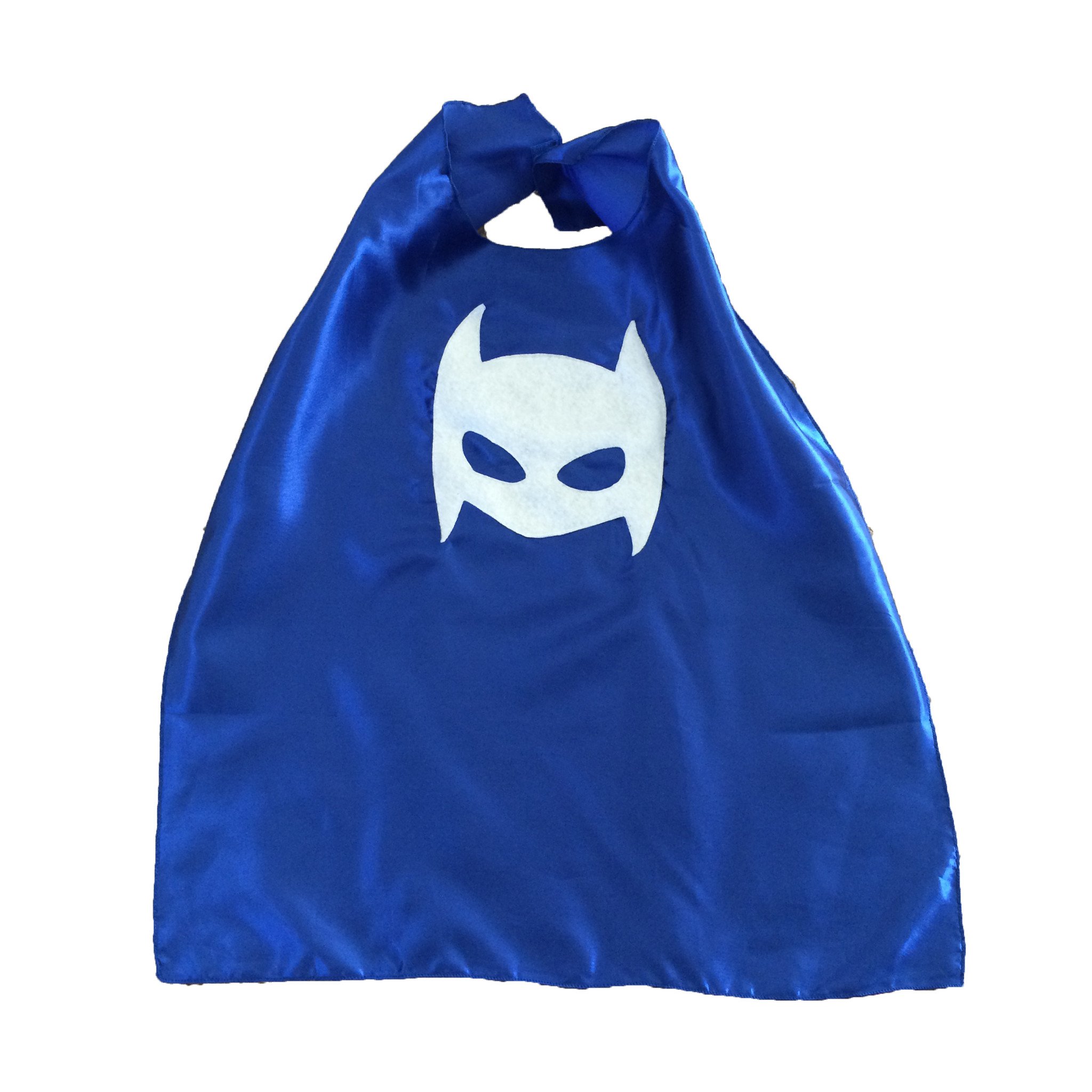 A vibrant blue superhero cape designed for children, showcasing its handmade quality and unique stitching, perfect for imaginative play.