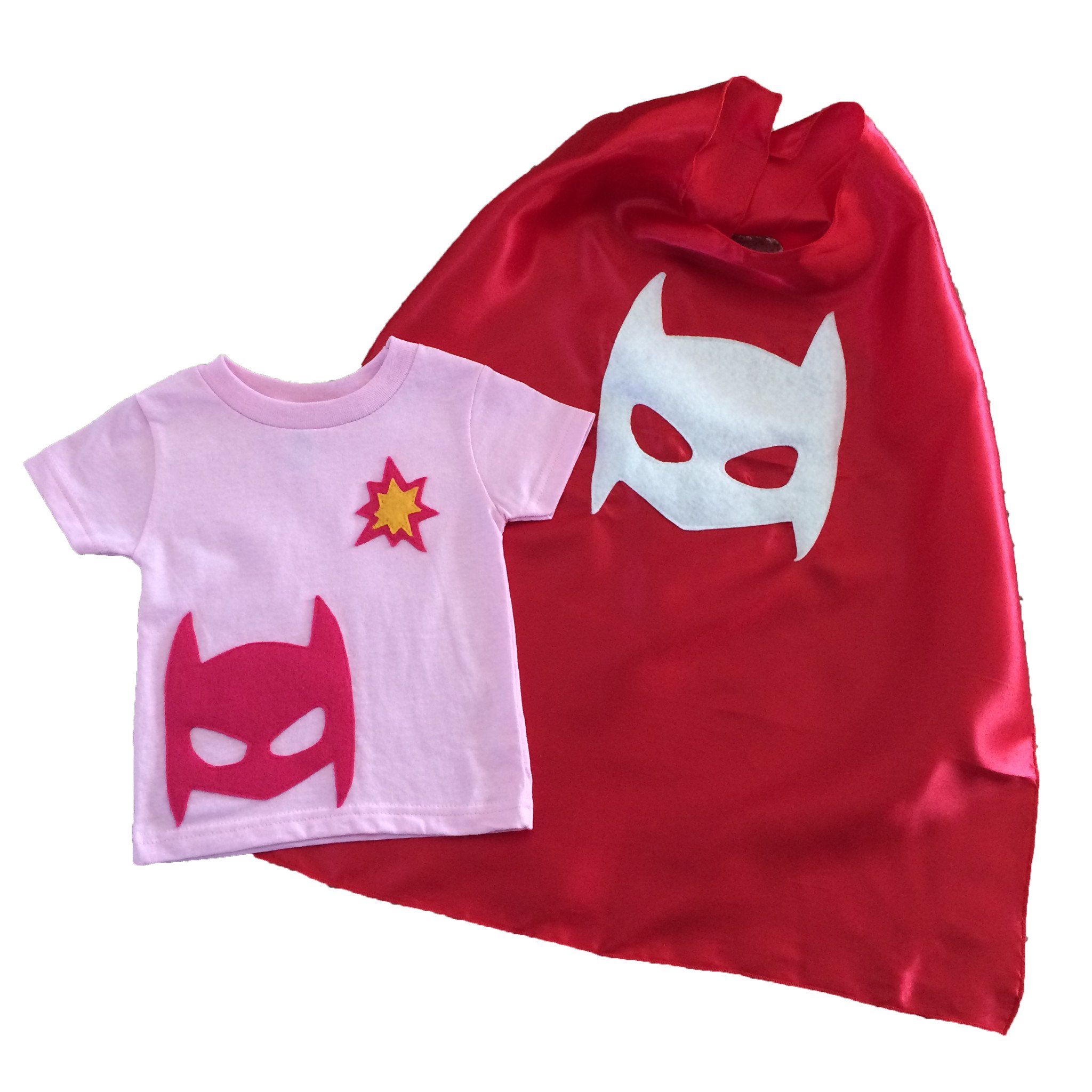 A vibrant red superhero tee with a matching cape, featuring felt appliqués, perfect for imaginative play and adventures for kids.