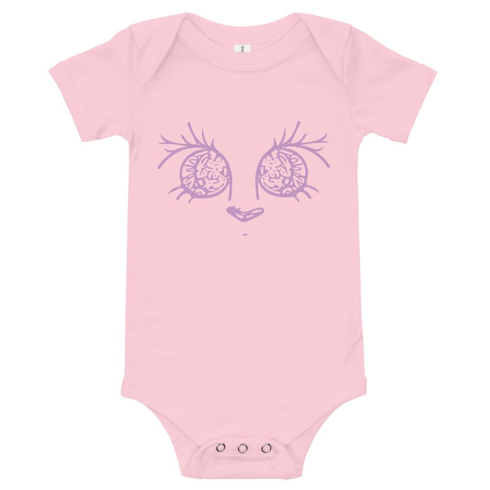 Pretty Eyes Baby Bodysuit in soft cotton with envelope neckline and snap closure, perfect for infants.