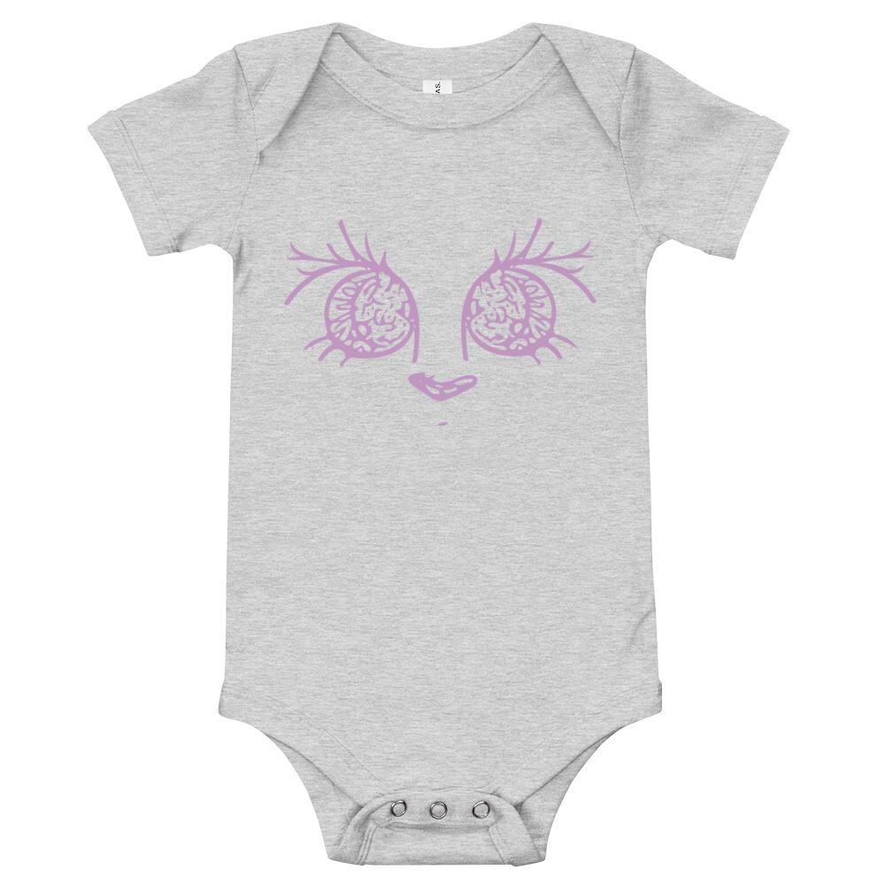 Pretty Eyes Baby Bodysuit in soft cotton with envelope neckline and snap closure, perfect for infants.