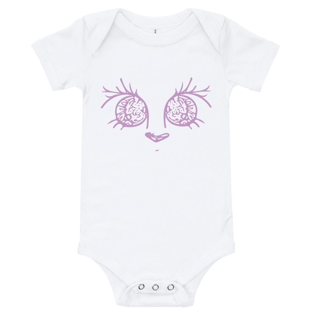 Pretty Eyes Baby Bodysuit in soft cotton with envelope neckline and snap closure, perfect for infants.