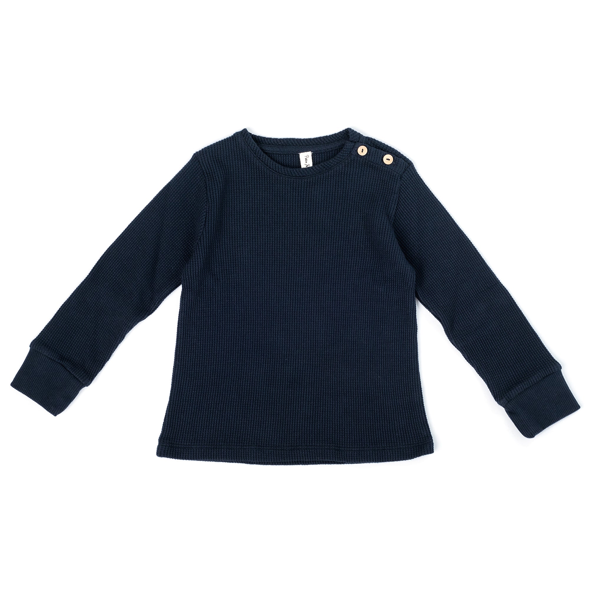 Pulli Jasmine Blue long-sleeve shirt for baby girls featuring olive wooden buttons and ribbed cuffs, made from organic honey comb cotton.