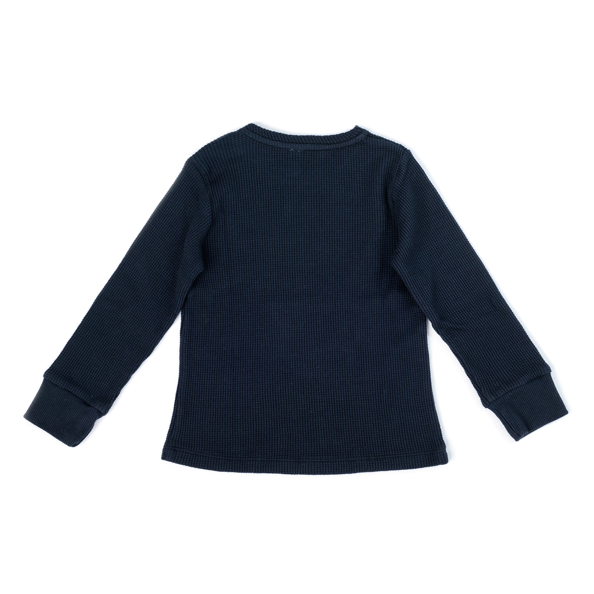 Pulli Jasmine Blue long-sleeve shirt for baby girls featuring olive wooden buttons and ribbed cuffs, made from organic honey comb cotton.