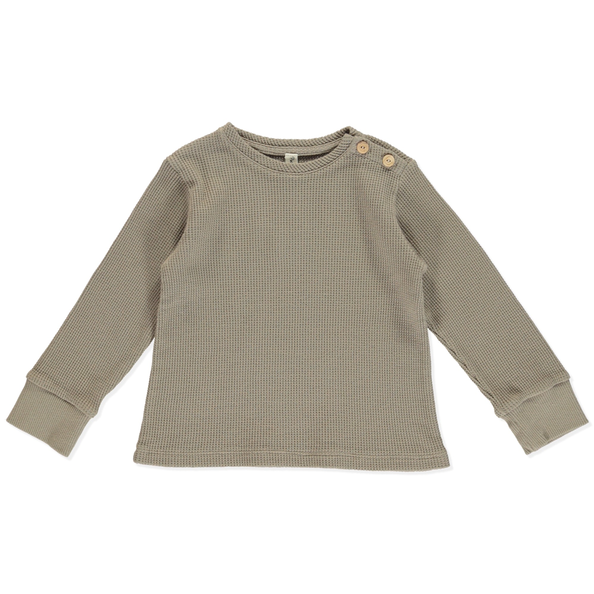 Pulli Jasmine Coffee long-sleeve shirt for baby girls, featuring olive wooden buttons and made from 100% organic honeycomb cotton in a rich coffee color.