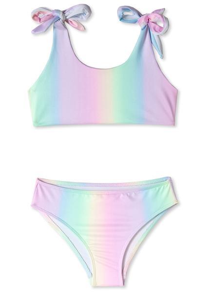 Colorful rainbow bikini for girls with petal details, perfect for beachwear.