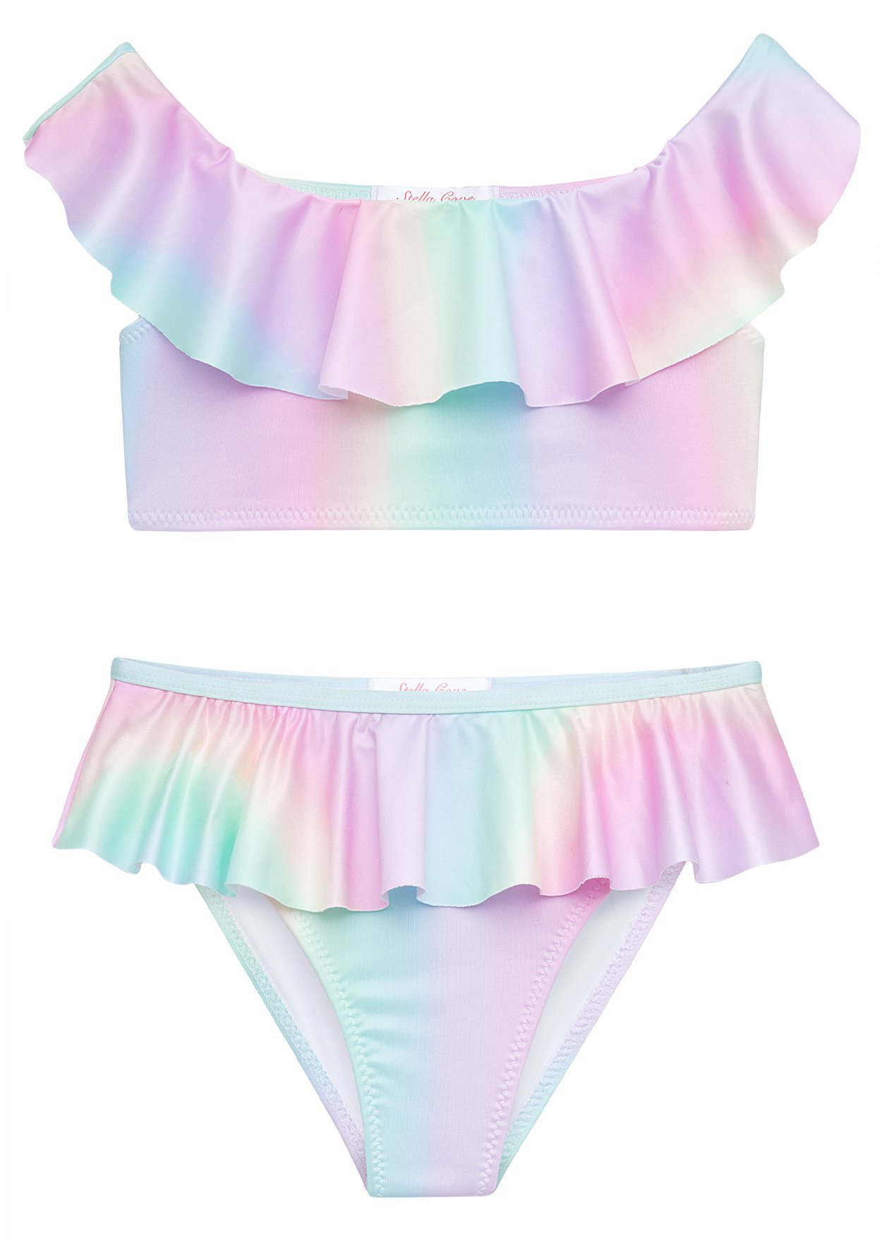 Colorful Rainbow Draped Bikini for Girls featuring candy floss unicorns and matching tank swimsuit.