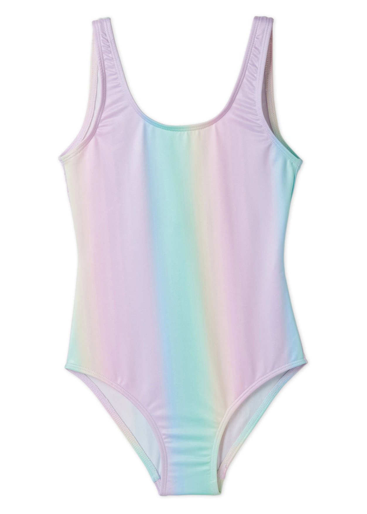 A colorful Rainbow Tank Swimsuit featuring vibrant unicorn and rainbow prints, perfect for summer fun at the beach or pool.