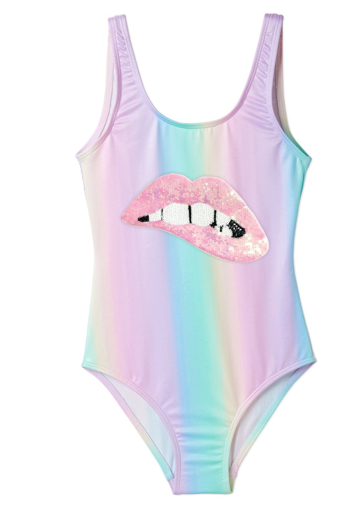 Colorful rainbow tank top for girls featuring pink sequin lips, perfect for casual wear.