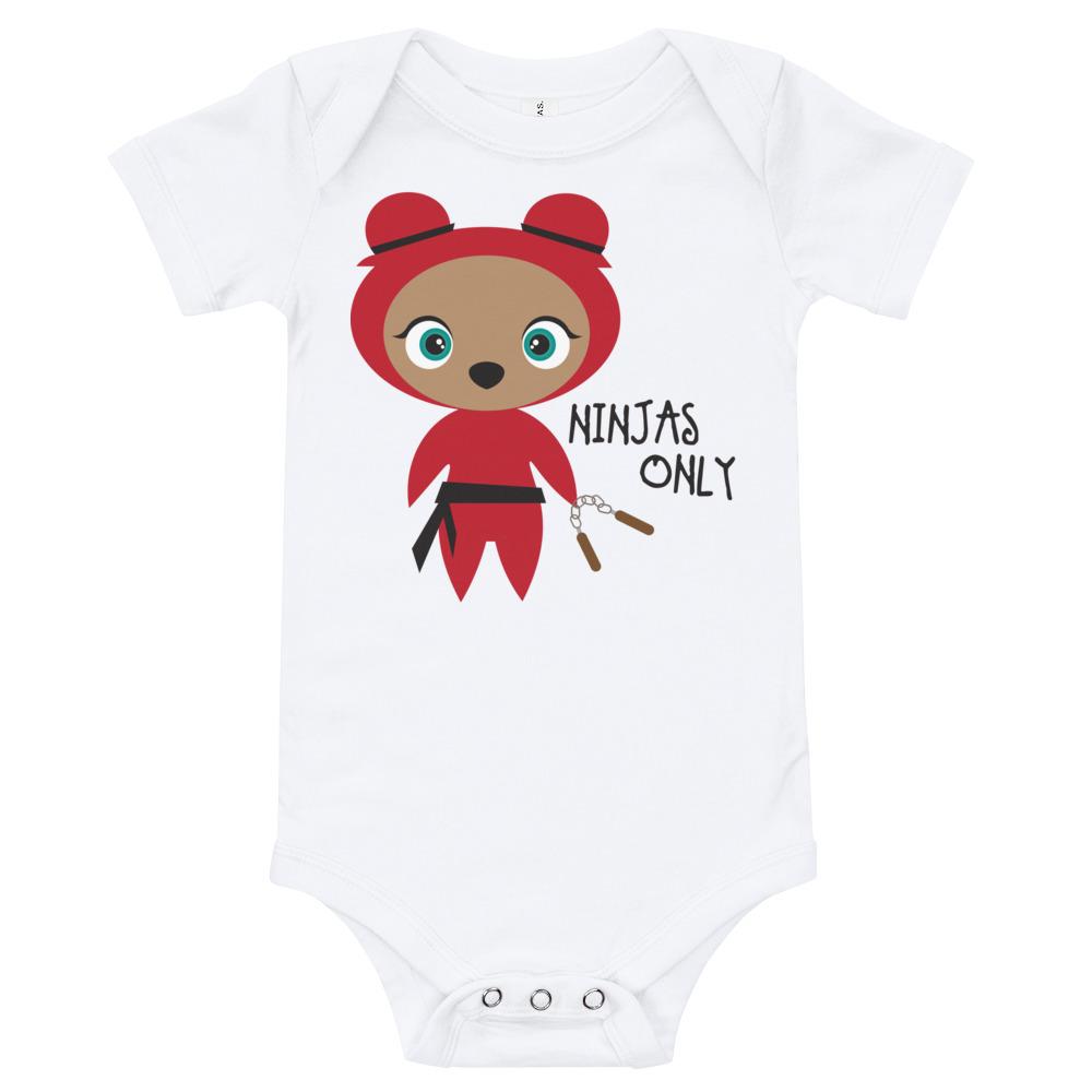 Red Ninja Kritter Baby Bodysuit made of soft cotton with an envelope neckline and snap closures, perfect for infants.