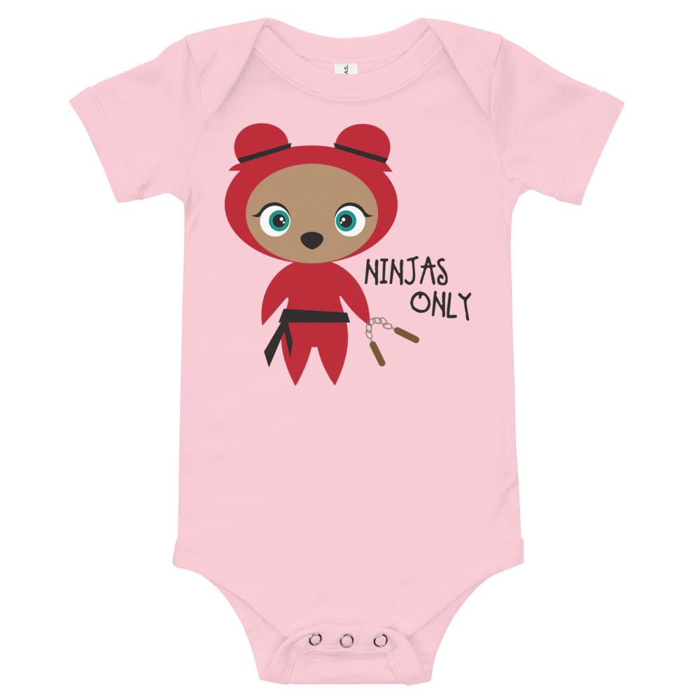 Red Ninja Kritter Baby Bodysuit made of soft cotton with an envelope neckline and snap closures, perfect for infants.