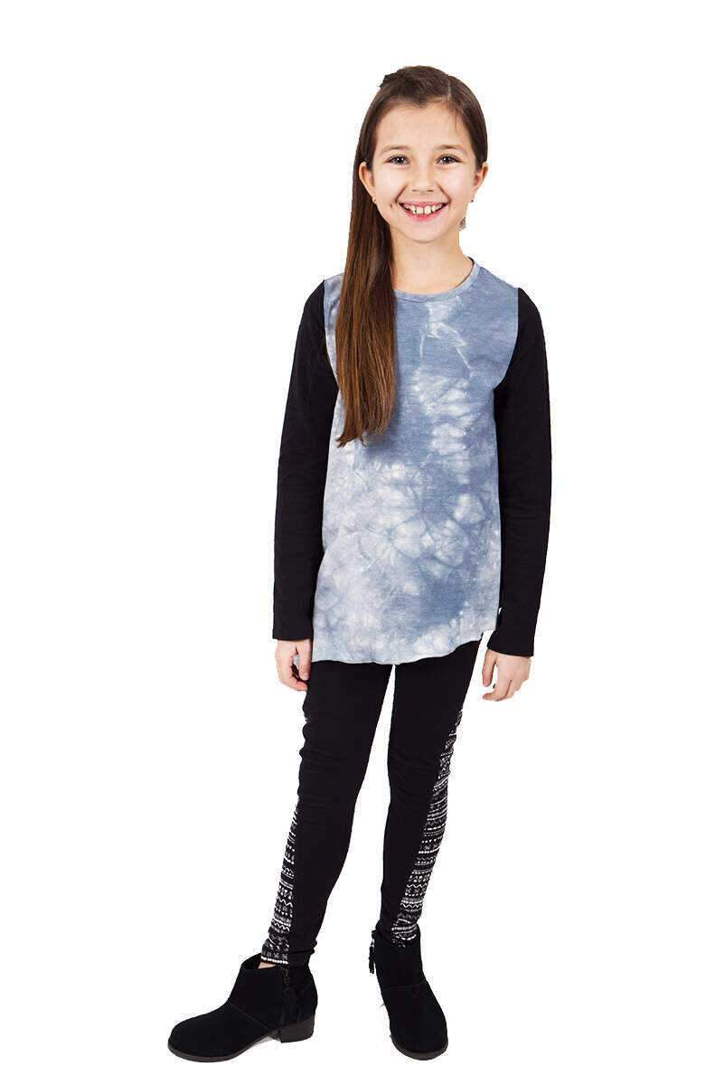 Rhona Tie Dye Top with Printed Leggings Set, featuring blue tie dye long sleeve top and stylish knit leggings.