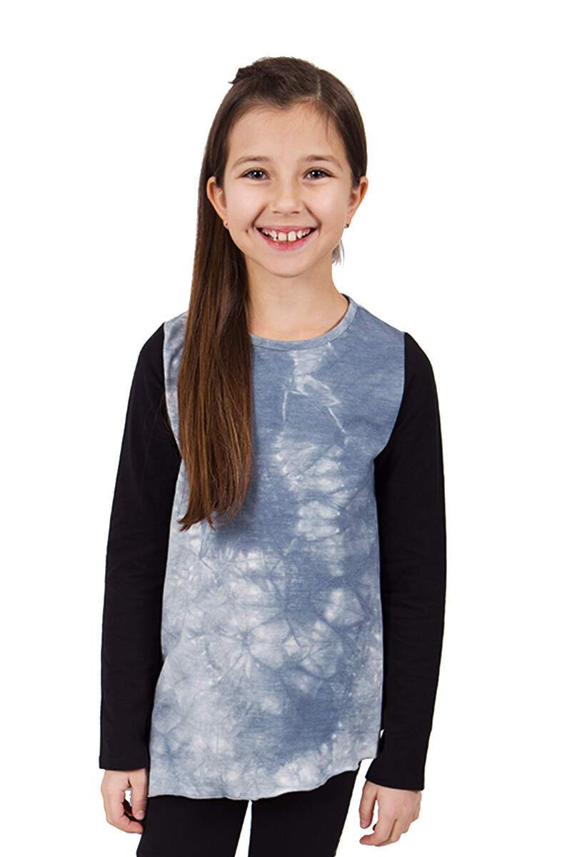 Rhona Tie Dye Top with Printed Leggings Set, featuring blue tie dye long sleeve top and stylish knit leggings.