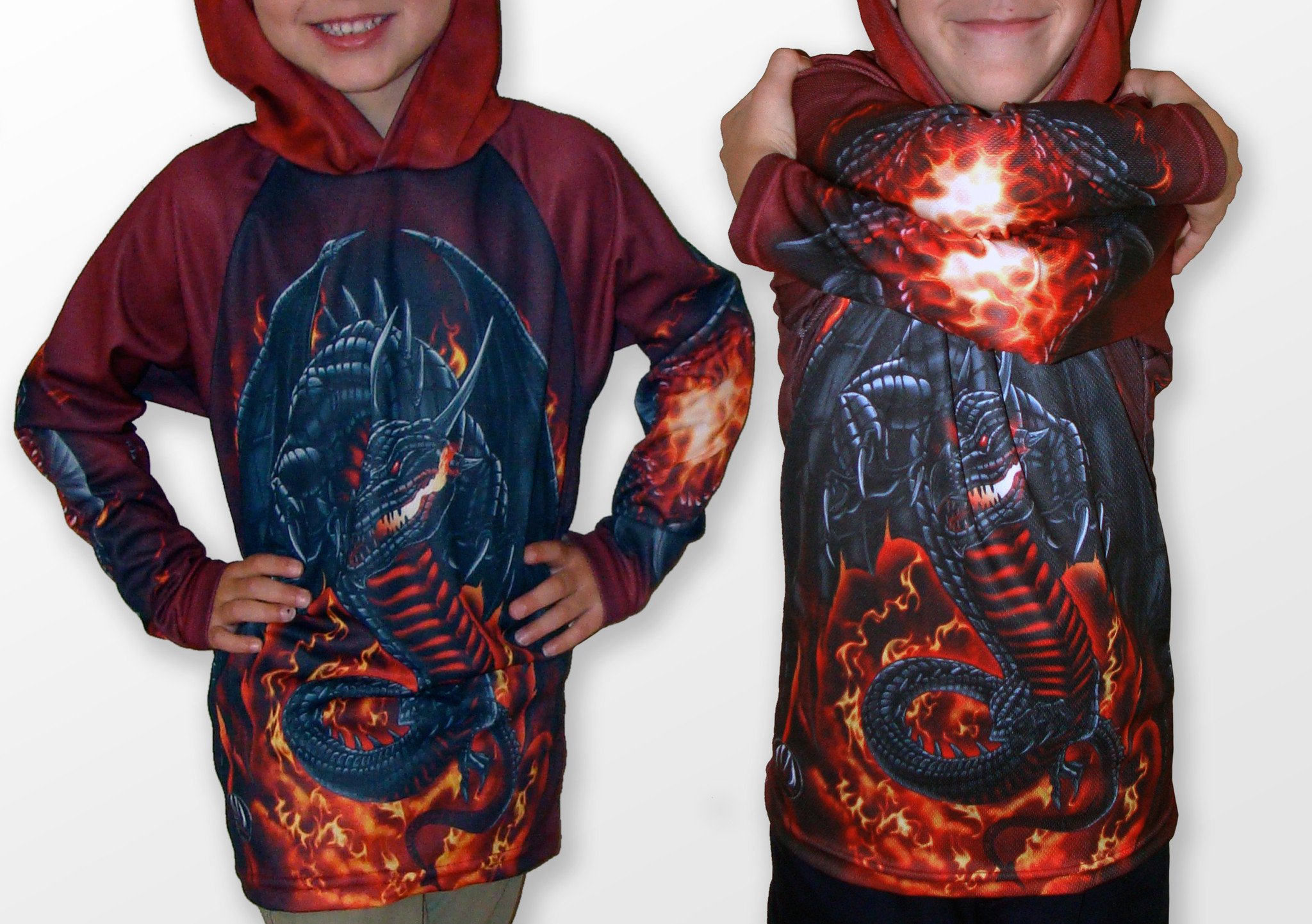 ROARING DRAGON Hoodie Sport Shirt featuring a vibrant dragon graphic that transforms when arms are crossed, showcasing a fire-breathing design.