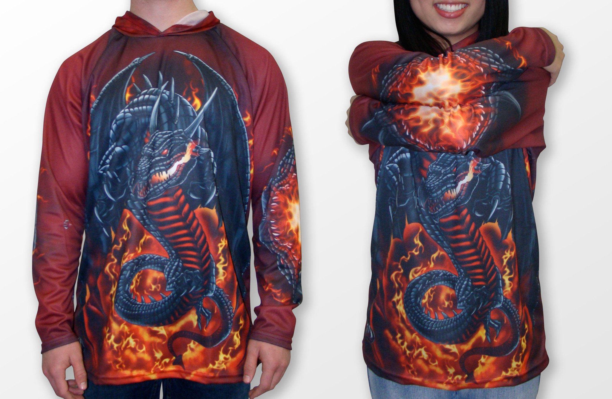 ROARING DRAGON Hoodie Sport Shirt featuring a vibrant dragon graphic that transforms when arms are crossed, showcasing a fire-breathing design.