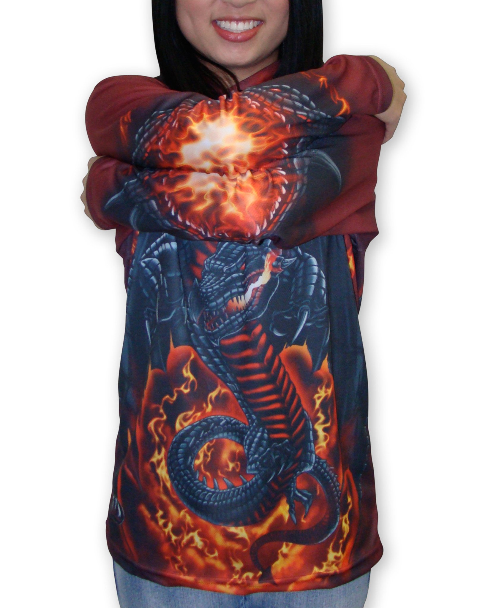 ROARING DRAGON Hoodie Sport Shirt featuring a vibrant dragon graphic that transforms when arms are crossed, showcasing a fire-breathing design.