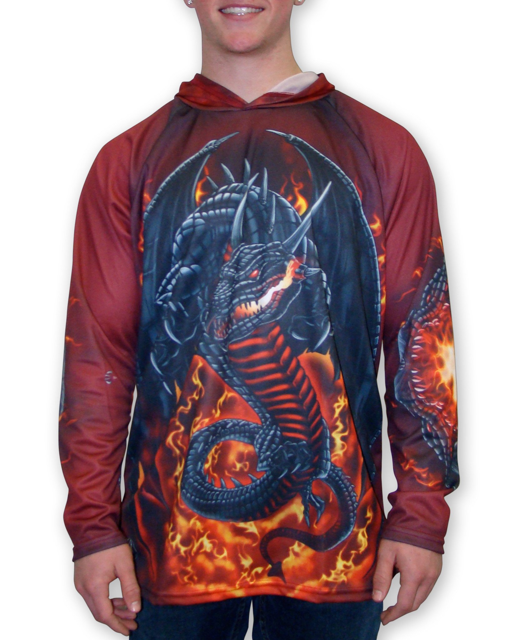 ROARING DRAGON Hoodie Sport Shirt featuring a vibrant dragon graphic that transforms when arms are crossed, showcasing a fire-breathing design.