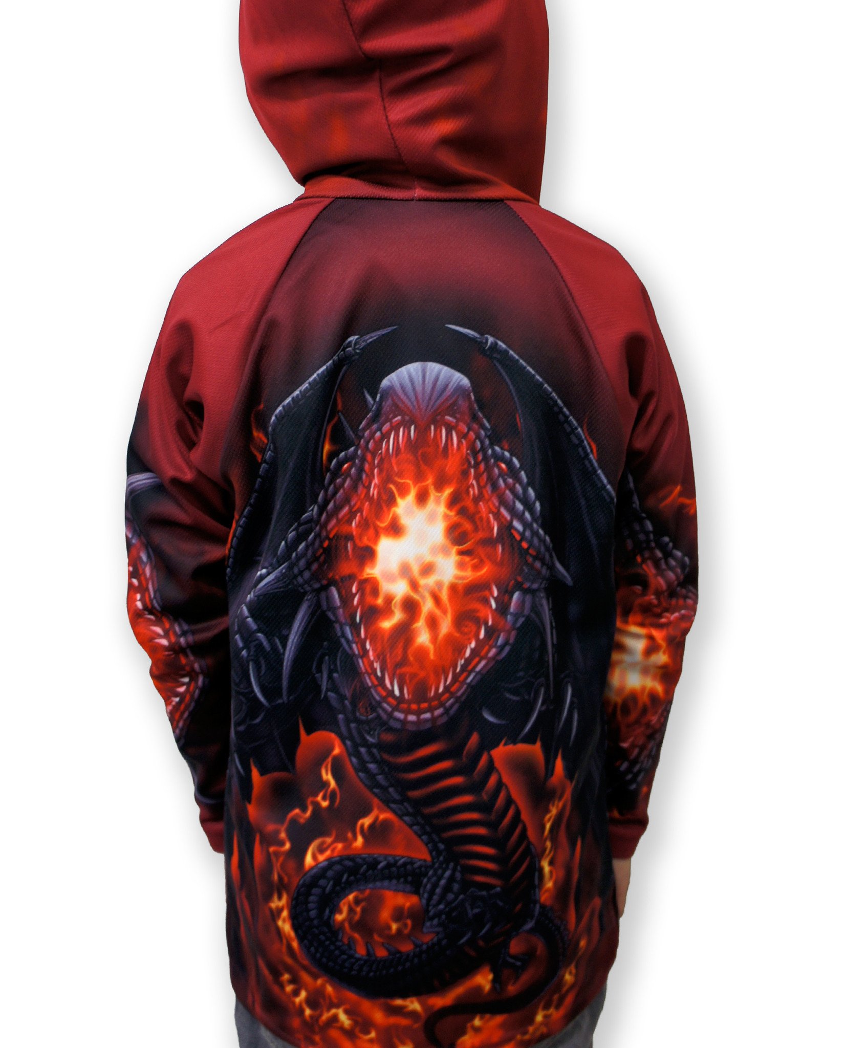 ROARING DRAGON Hoodie Sport Shirt featuring a vibrant dragon graphic that transforms when arms are crossed, showcasing a fire-breathing design.